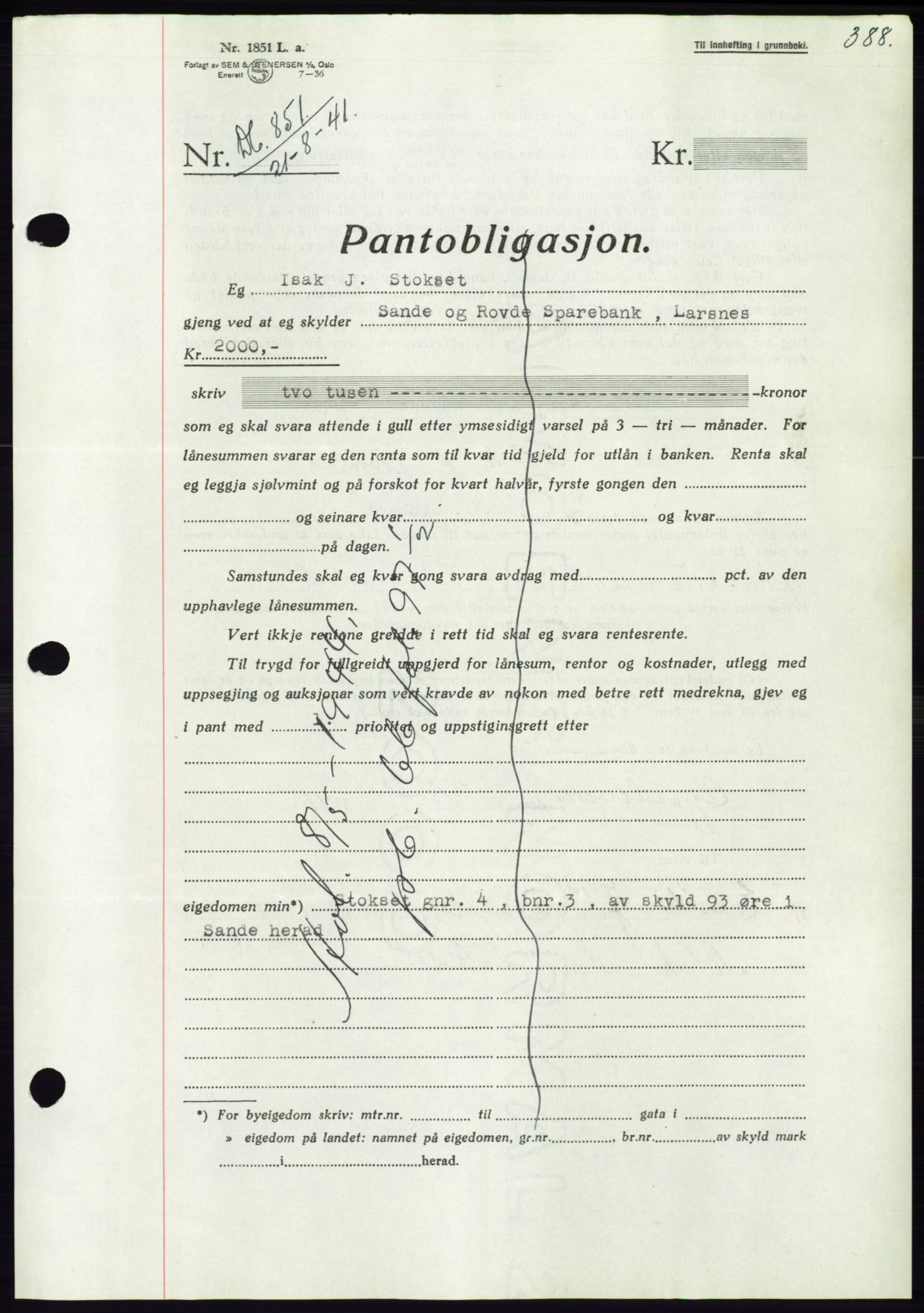 Søre Sunnmøre sorenskriveri, AV/SAT-A-4122/1/2/2C/L0071: Mortgage book no. 65, 1941-1941, Diary no: : 851/1941