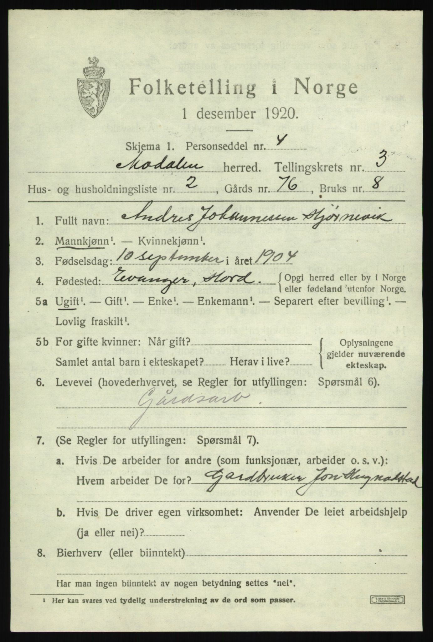 SAB, 1920 census for Modalen, 1920, p. 542