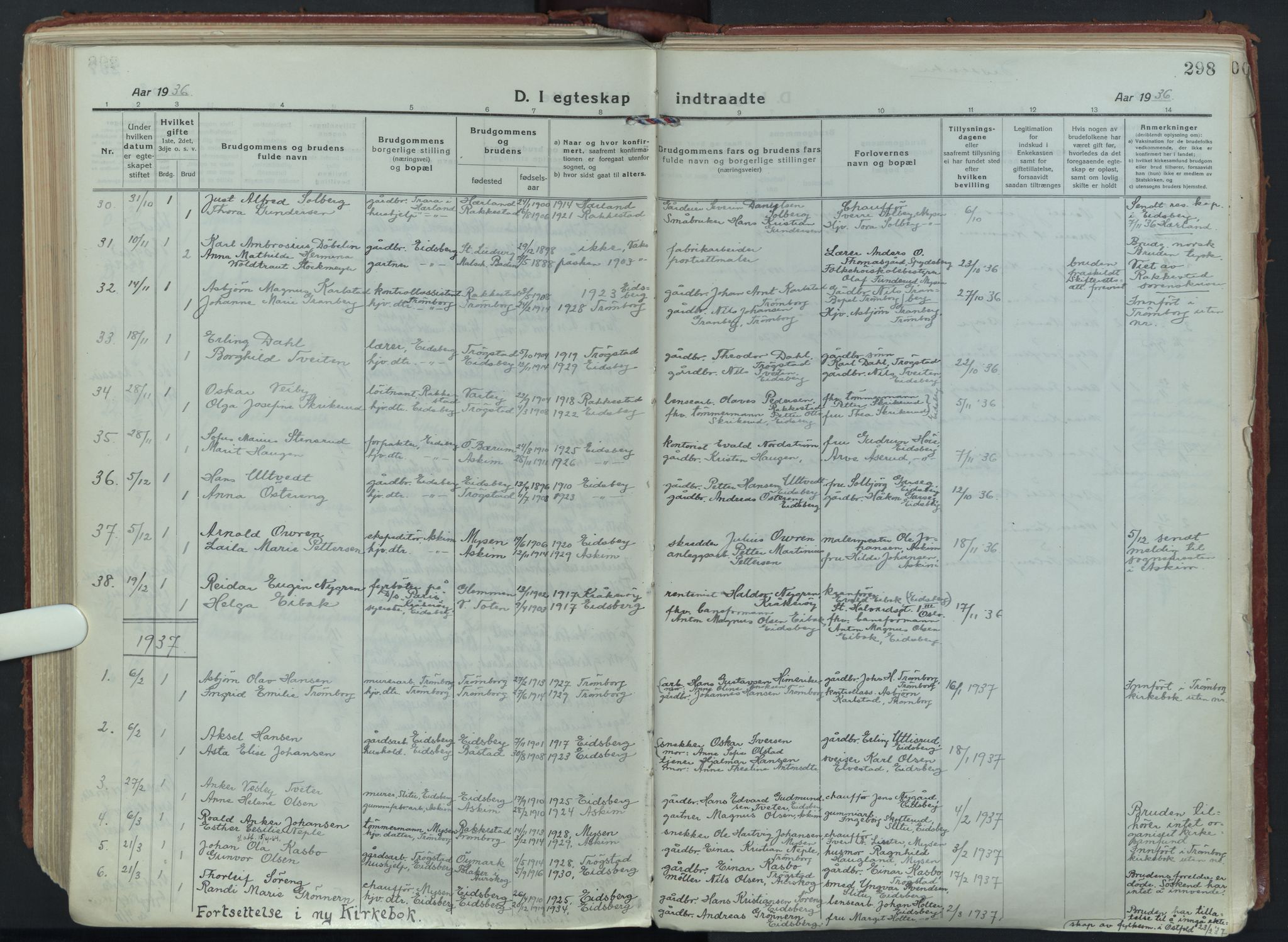 Eidsberg prestekontor Kirkebøker, AV/SAO-A-10905/F/Fa/L0015: Parish register (official) no. I 15, 1920-1937, p. 298