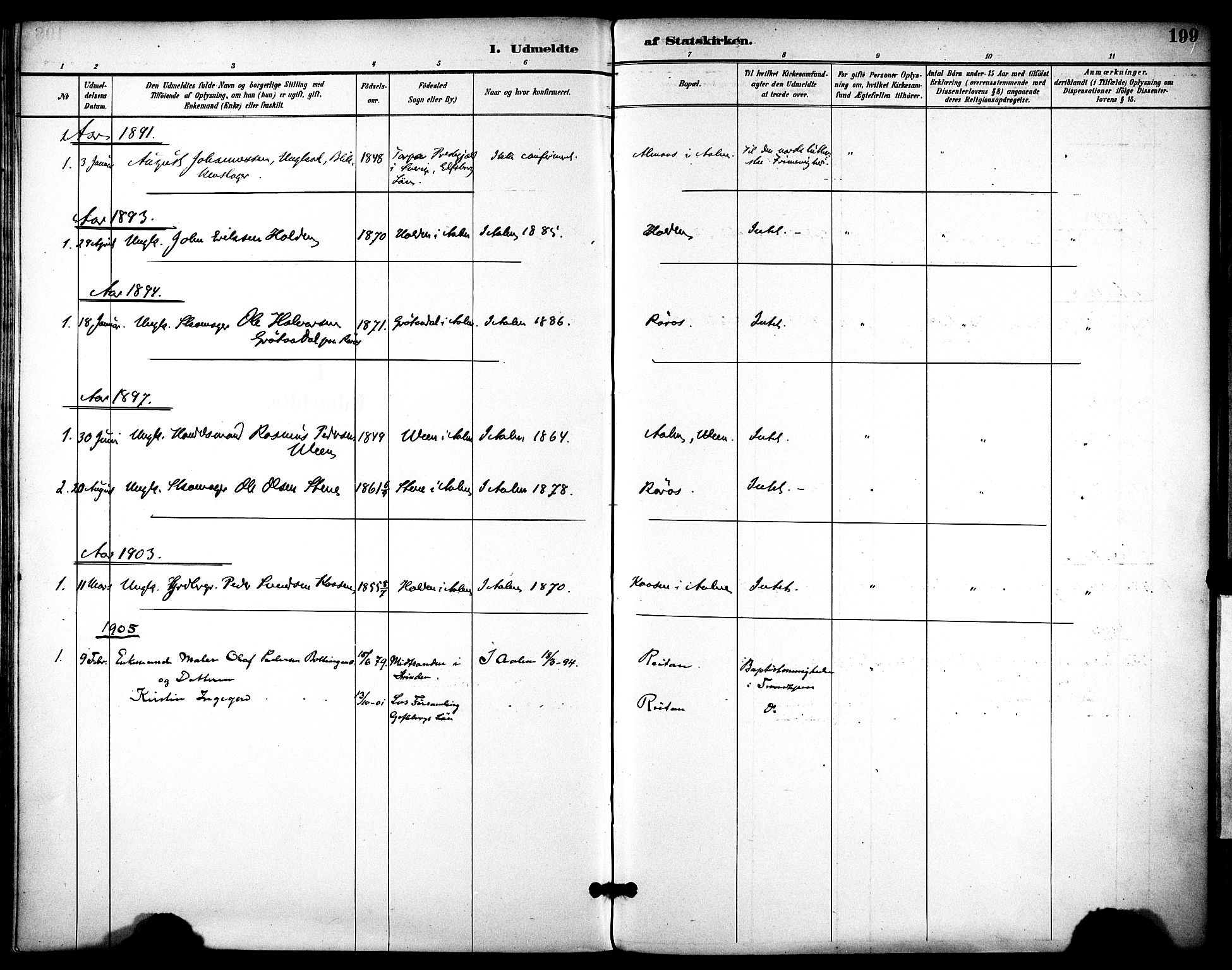 Ministerialprotokoller, klokkerbøker og fødselsregistre - Sør-Trøndelag, SAT/A-1456/686/L0984: Parish register (official) no. 686A02, 1891-1906, p. 199