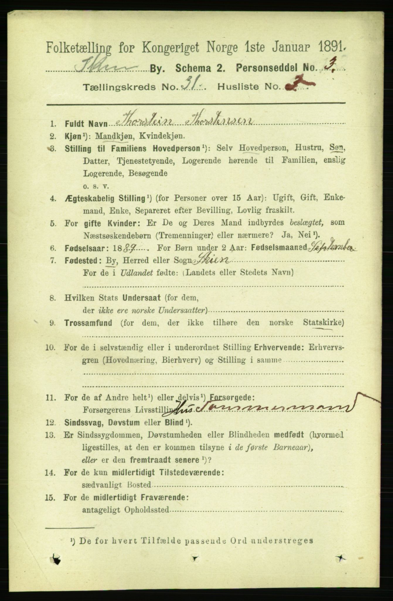 RA, 1891 census for 0806 Skien, 1891, p. 7048