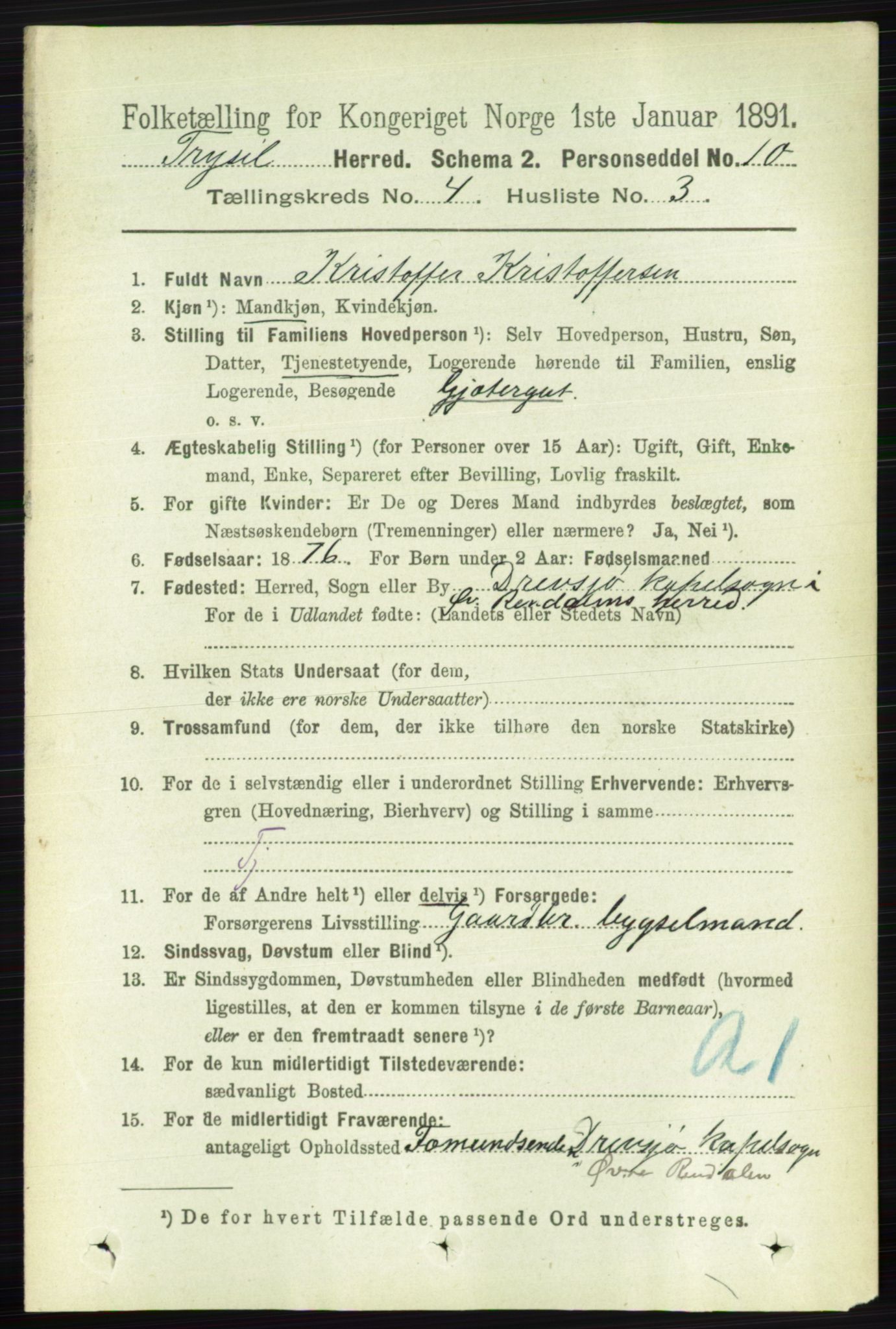 RA, 1891 census for 0428 Trysil, 1891, p. 1863