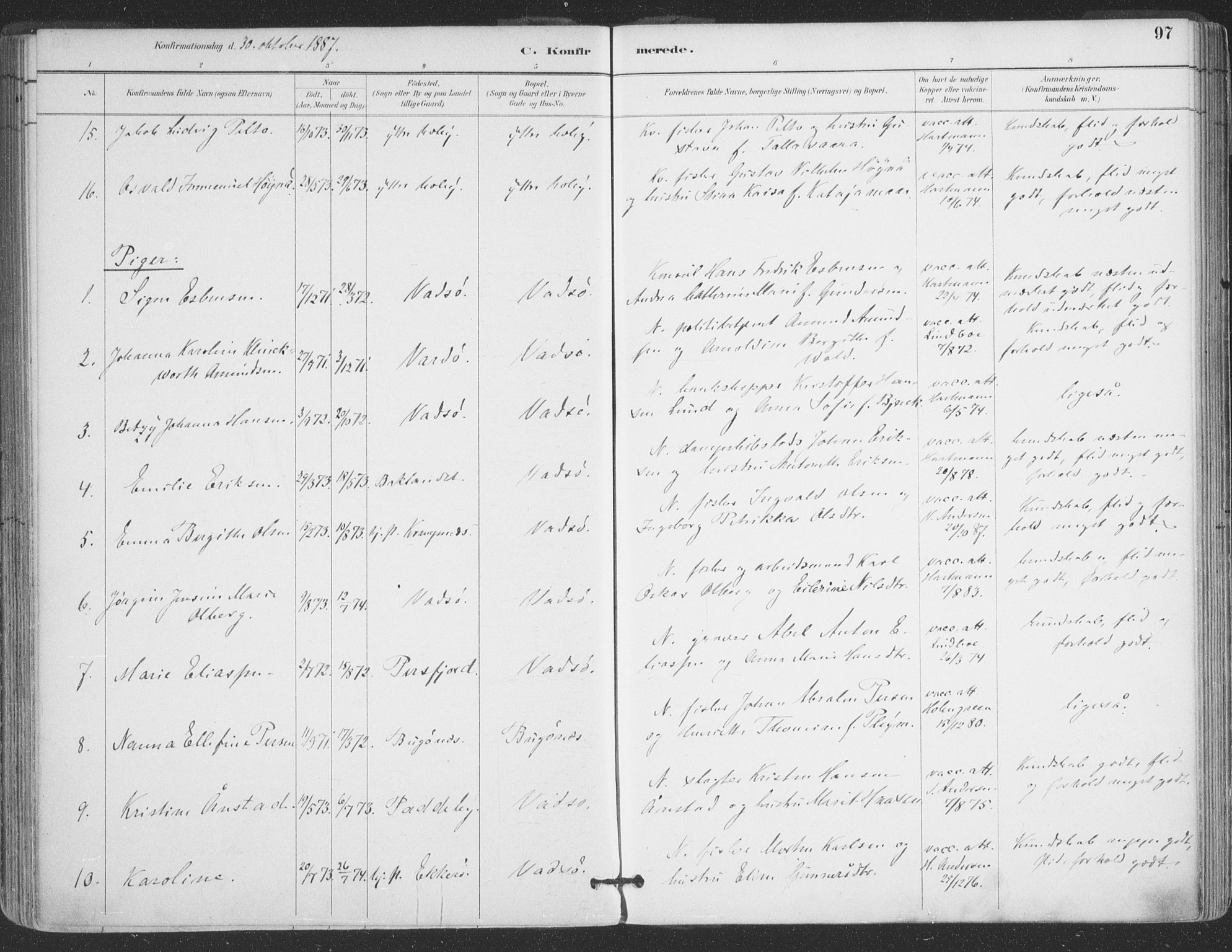 Vadsø sokneprestkontor, SATØ/S-1325/H/Ha/L0006kirke: Parish register (official) no. 6, 1885-1895, p. 97