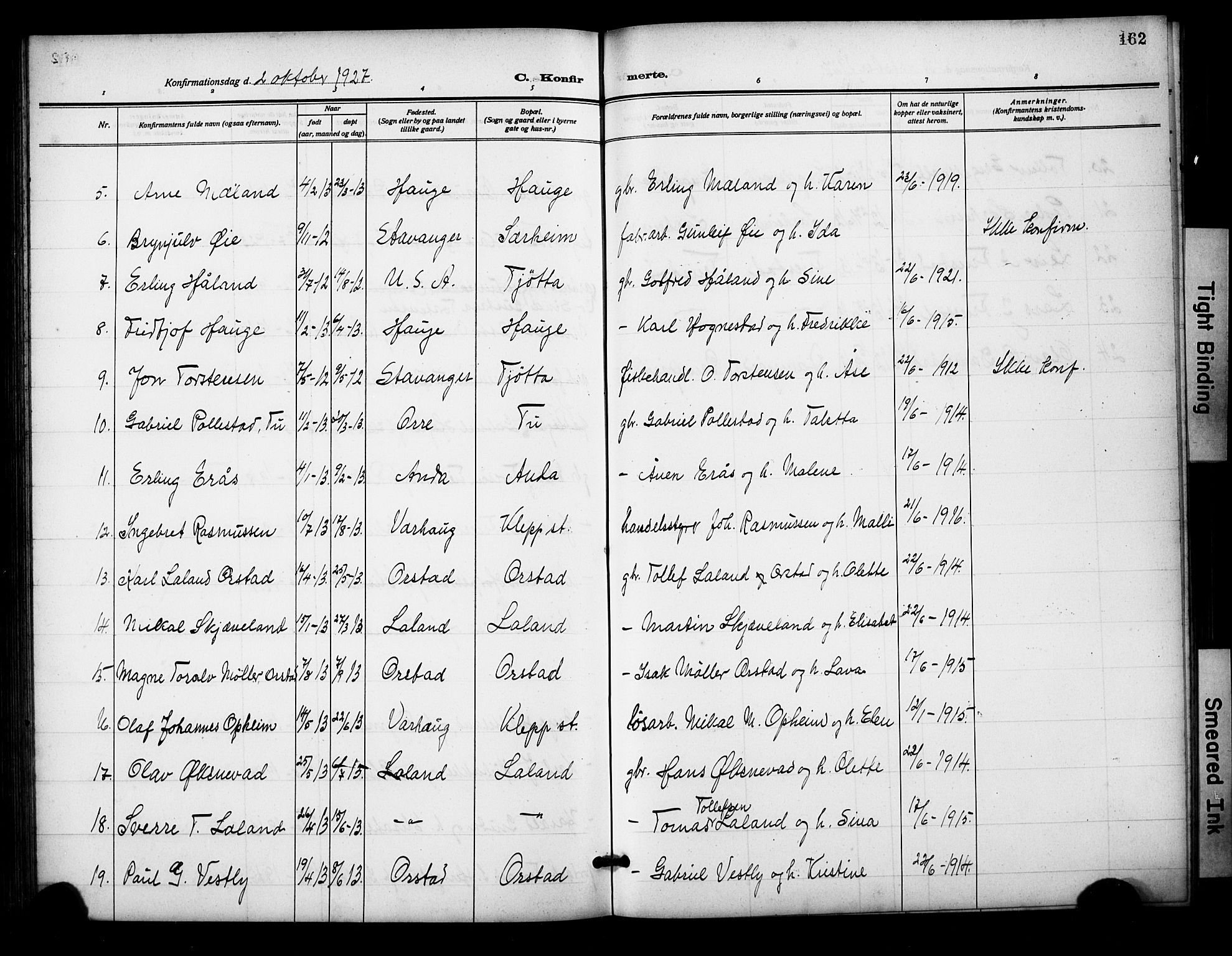 Klepp sokneprestkontor, AV/SAST-A-101803/001/3/30BB/L0007: Parish register (copy) no. B 7, 1908-1934, p. 162