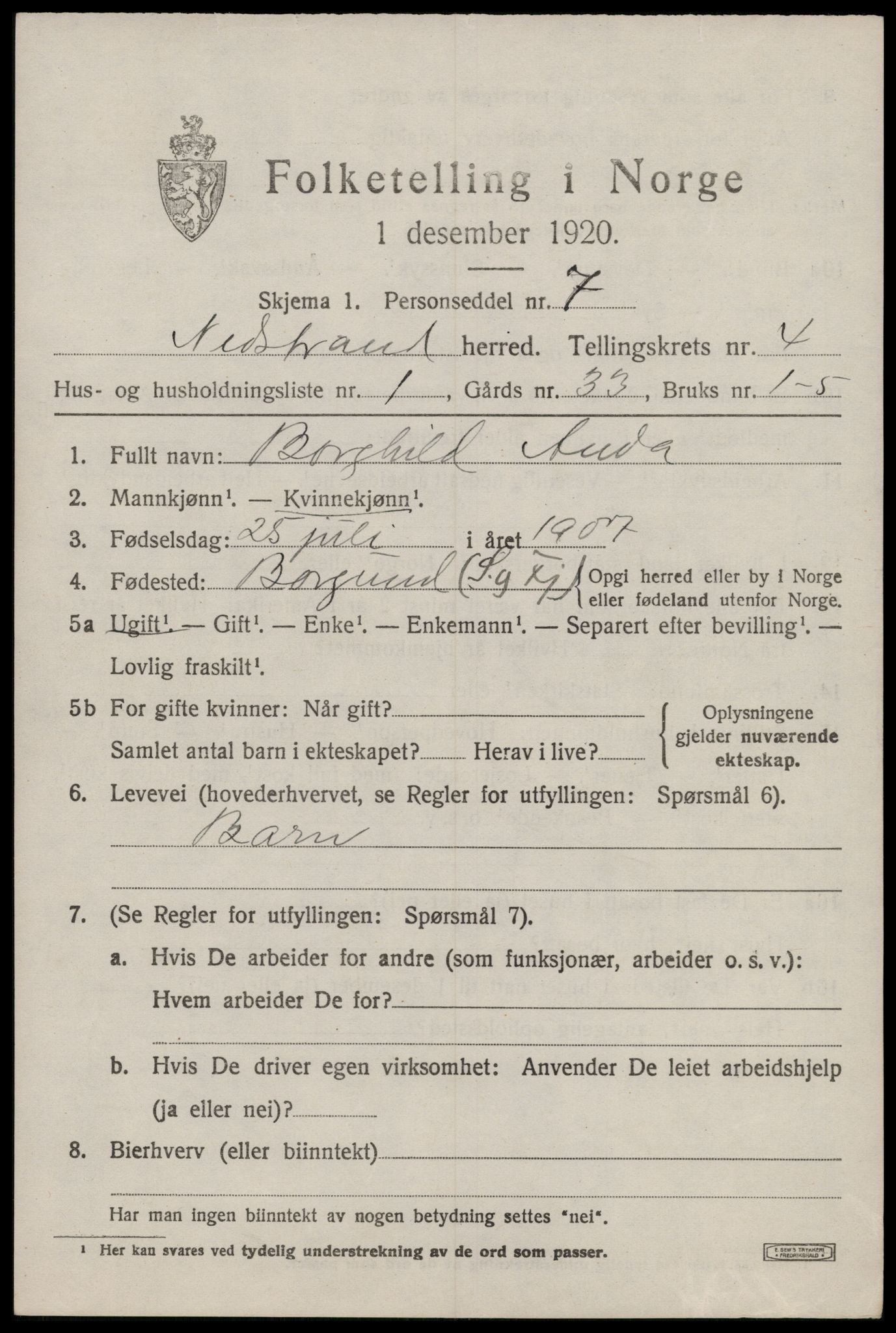 SAST, 1920 census for Nedstrand, 1920, p. 1743