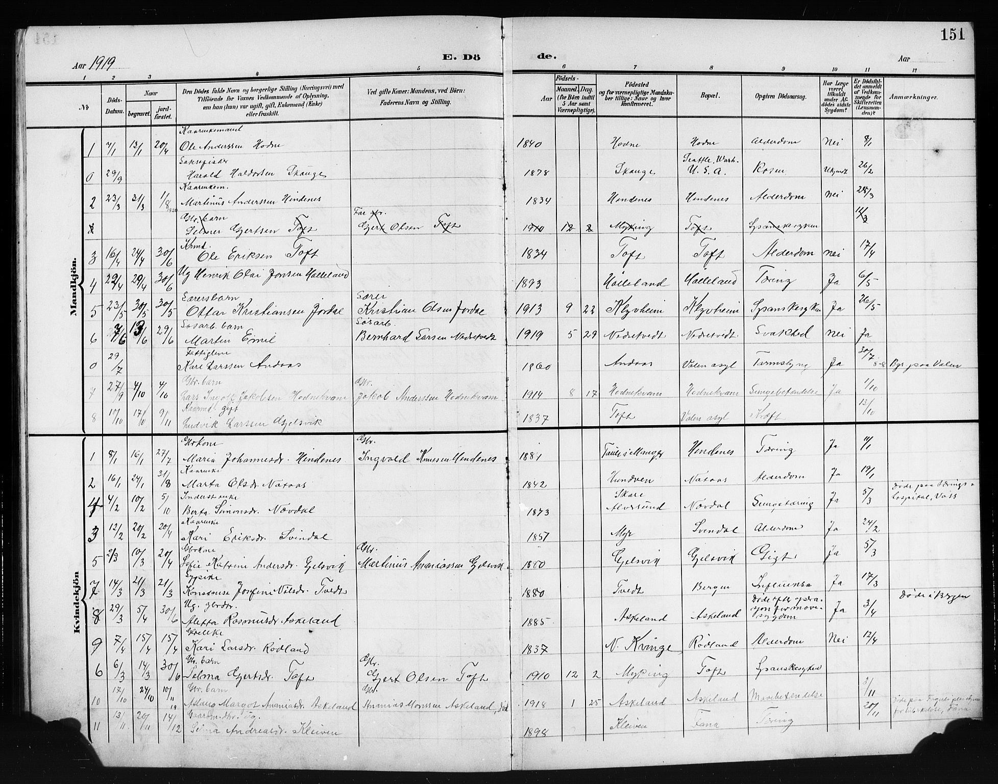 Lindås Sokneprestembete, SAB/A-76701/H/Hab: Parish register (copy) no. E 4, 1906-1921, p. 151