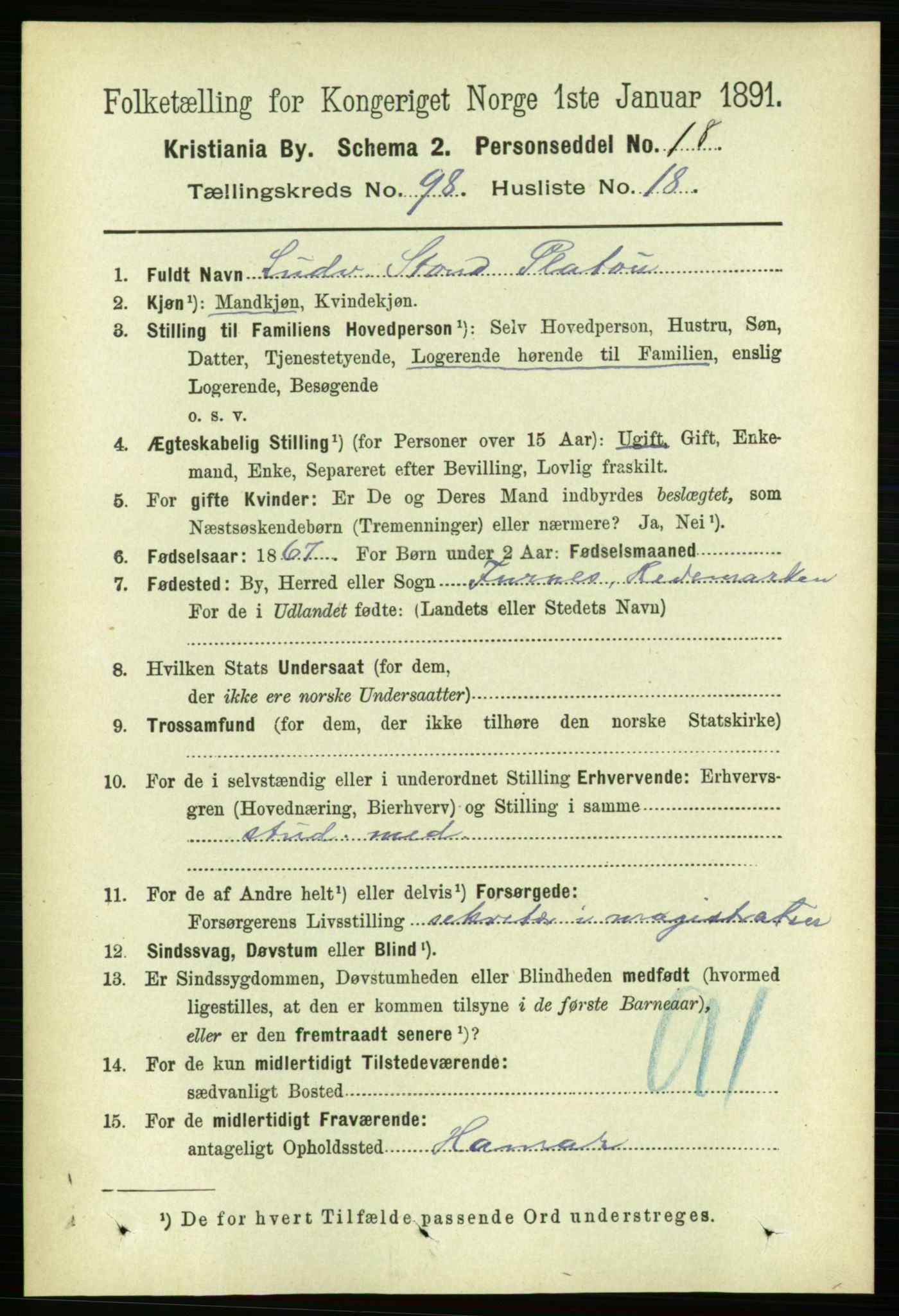 RA, 1891 census for 0301 Kristiania, 1891, p. 48250