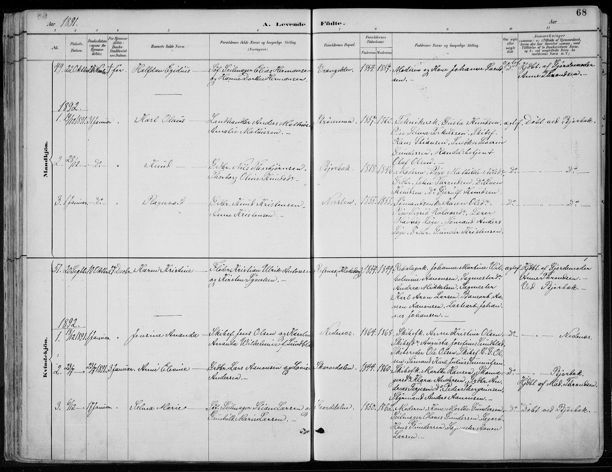 Øyestad sokneprestkontor, SAK/1111-0049/F/Fa/L0017: Parish register (official) no. A 17, 1887-1896, p. 68