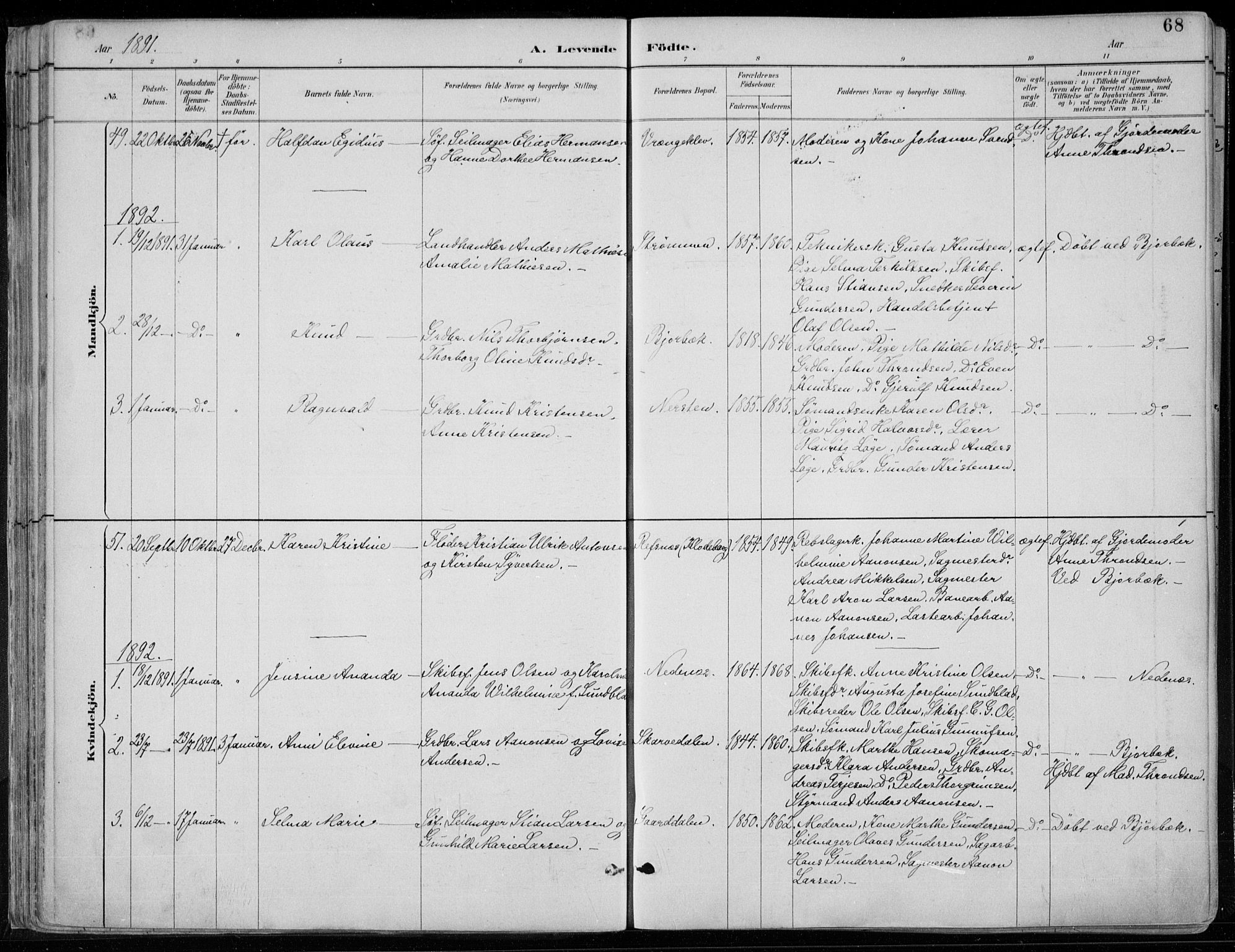 Øyestad sokneprestkontor, AV/SAK-1111-0049/F/Fa/L0017: Parish register (official) no. A 17, 1887-1896, p. 68