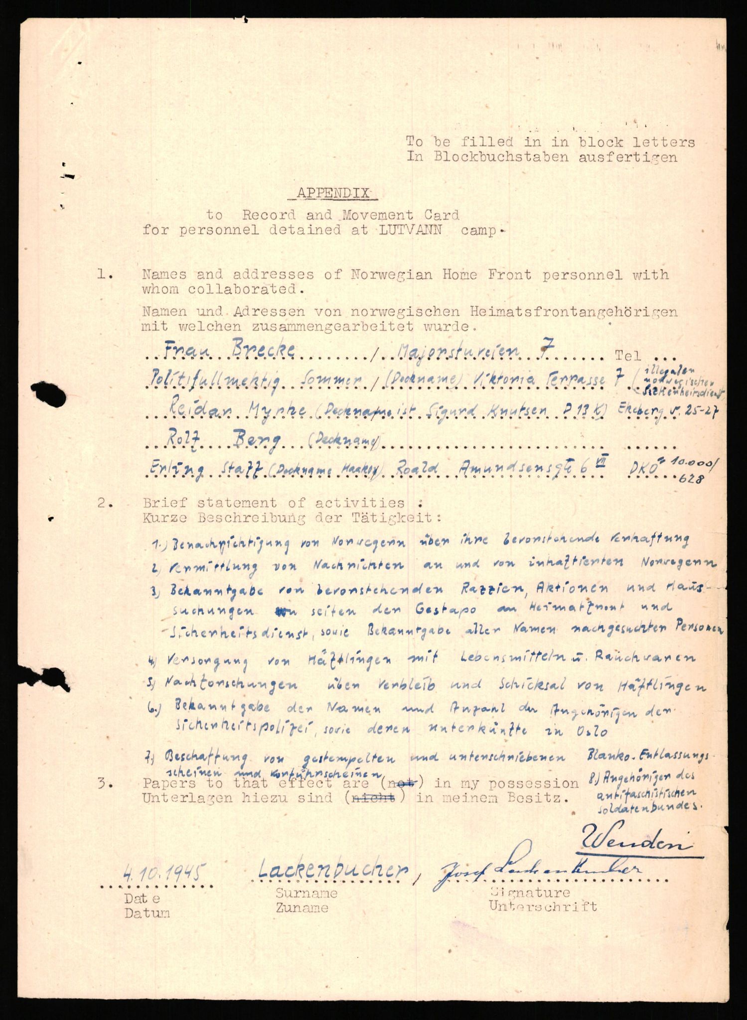 Forsvaret, Forsvarets overkommando II, AV/RA-RAFA-3915/D/Db/L0039: CI Questionaires. Tyske okkupasjonsstyrker i Norge. Østerrikere., 1945-1946, p. 237