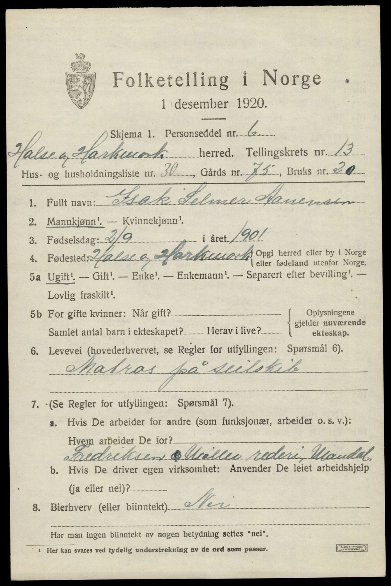 SAK, 1920 census for Halse og Harkmark, 1920, p. 7271