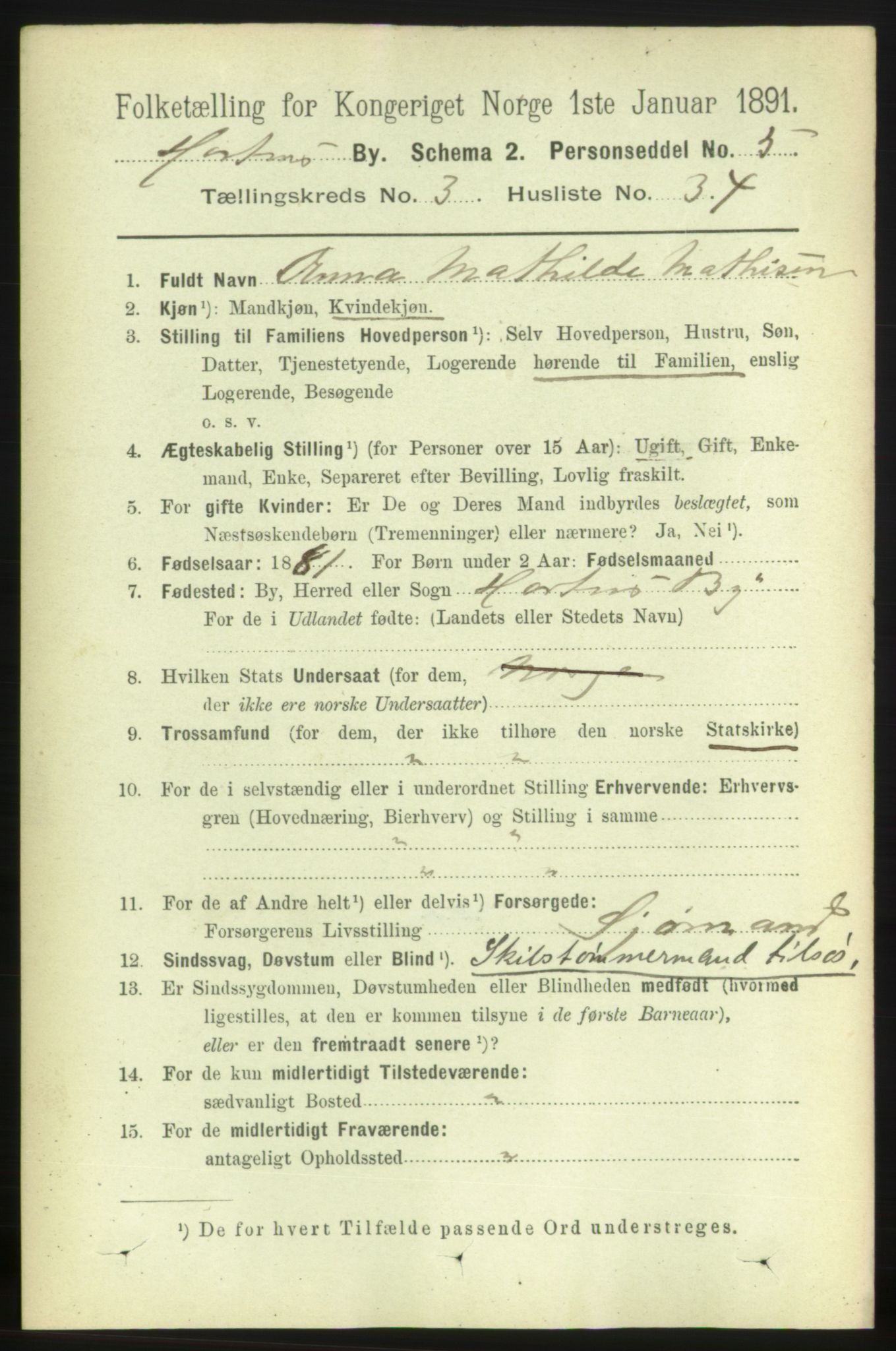 RA, 1891 census for 0703 Horten, 1891, p. 3012