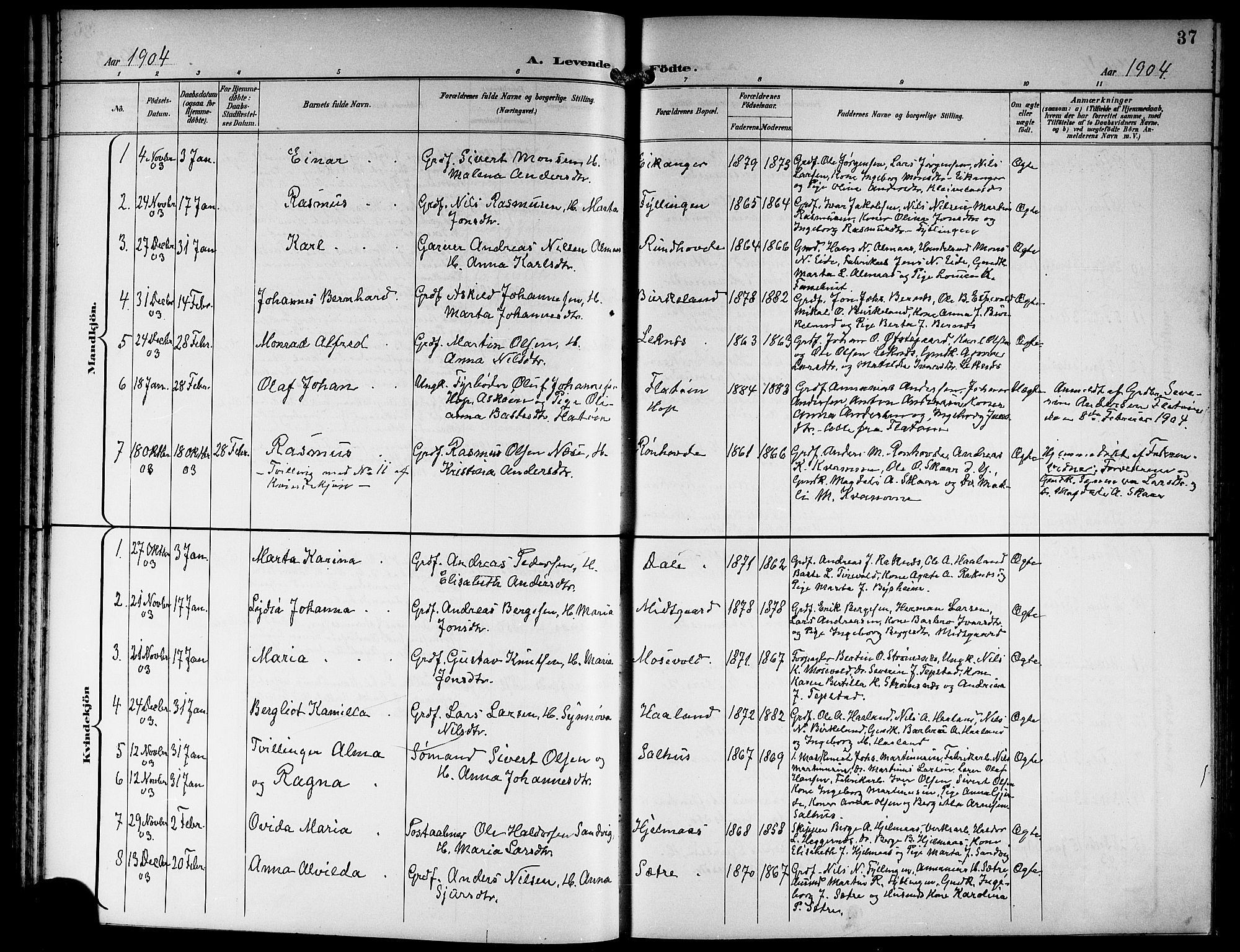 Hamre sokneprestembete, SAB/A-75501/H/Ha/Hab: Parish register (copy) no. B 4, 1898-1919, p. 37