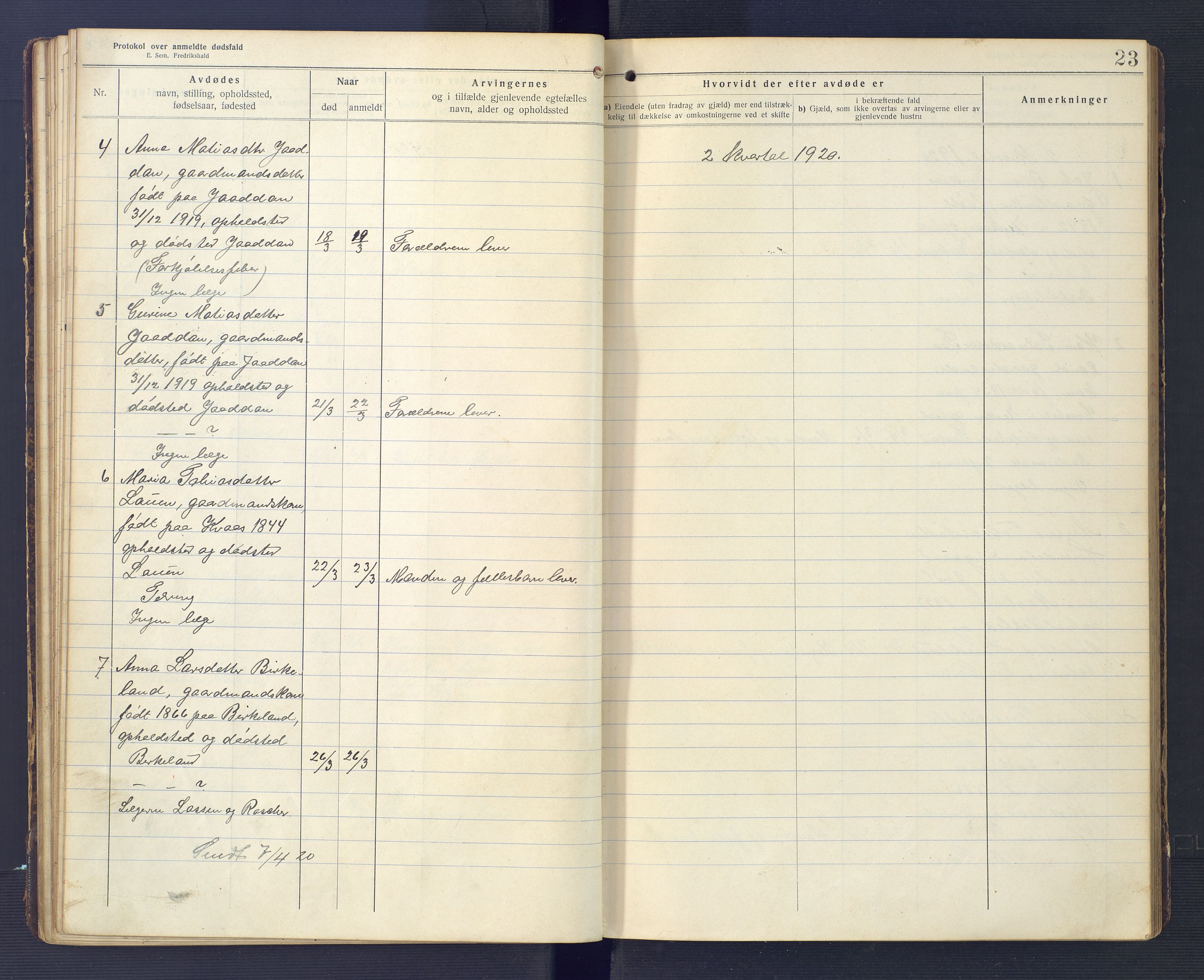 Hægebostad og Eiken lensmannskontor, AV/SAK-1241-0023/F/Fe/L0002: Dødsfallsprotokoll nr 34, 1917-1932, p. 23