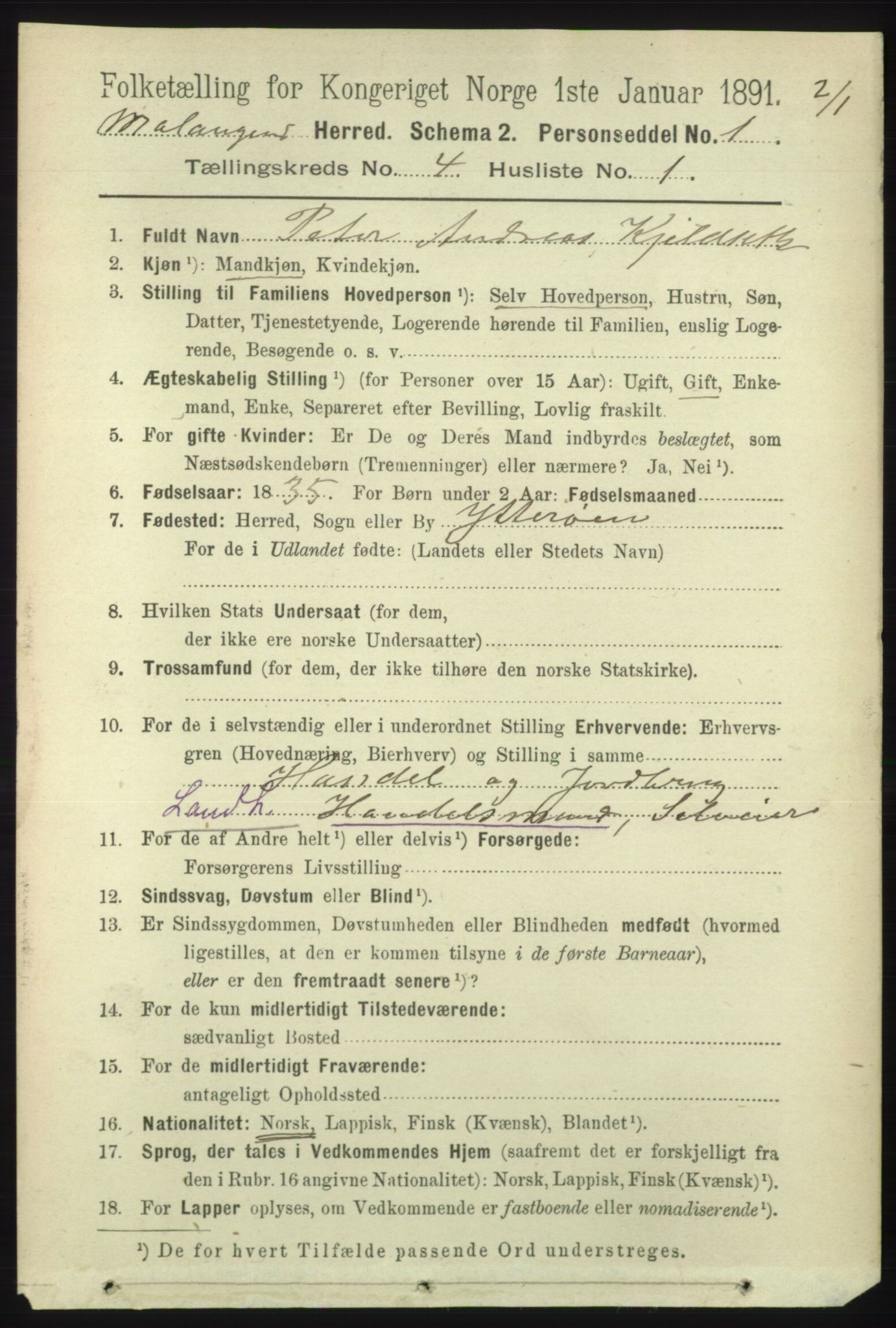 RA, 1891 census for 1932 Malangen, 1891, p. 1094
