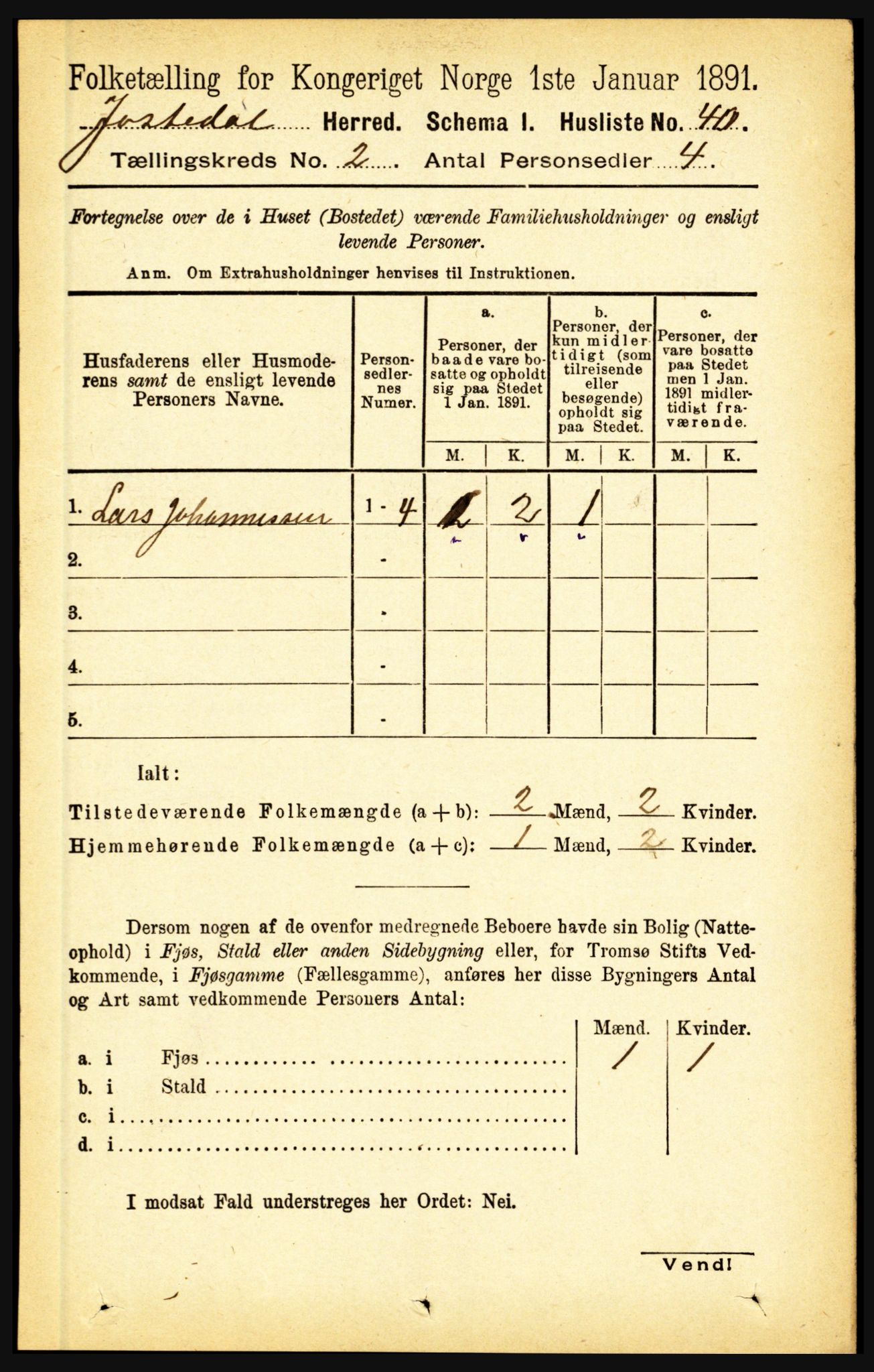 RA, 1891 census for 1427 Jostedal, 1891, p. 491