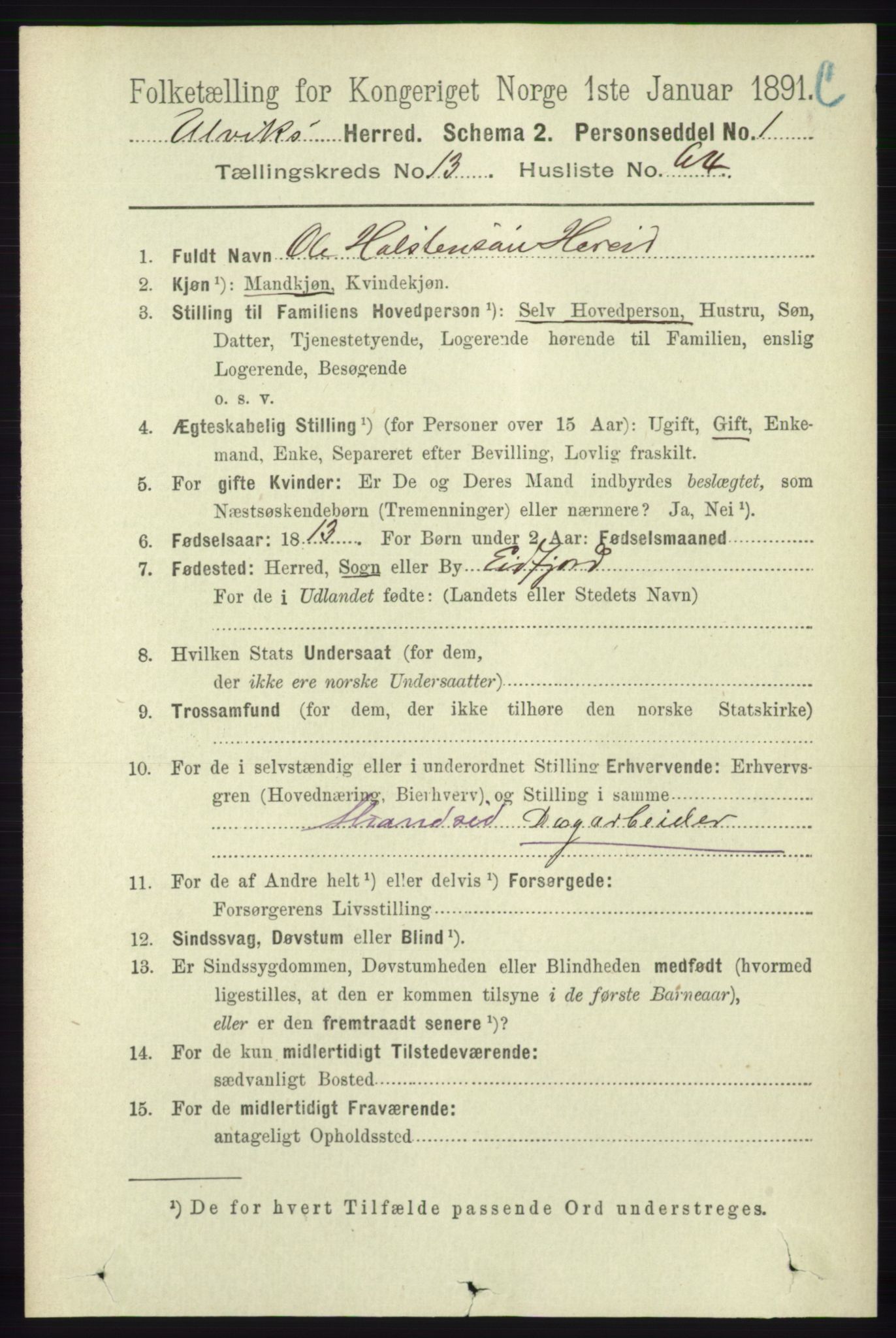 RA, 1891 census for 1233 Ulvik, 1891, p. 4198