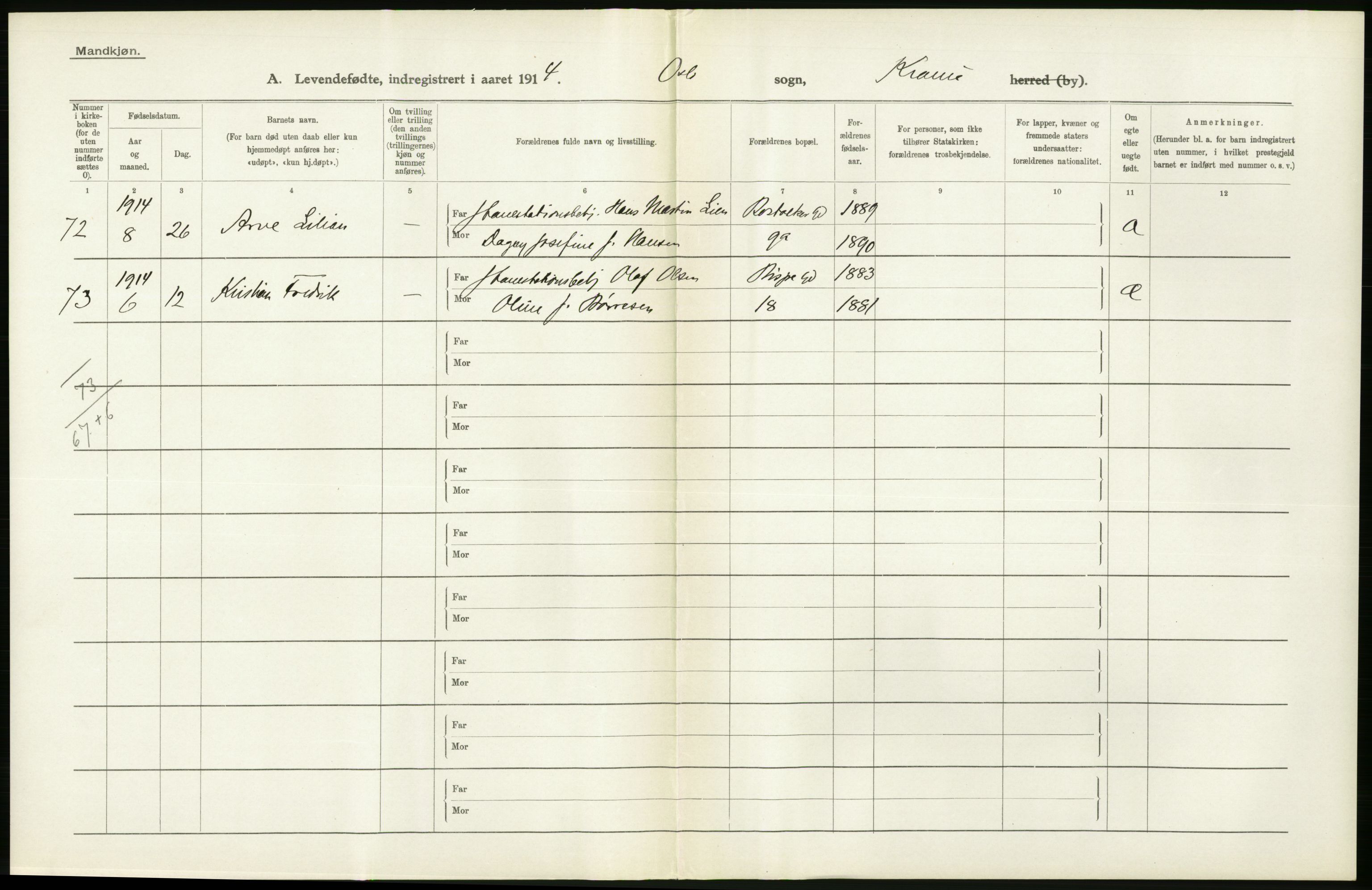 Statistisk sentralbyrå, Sosiodemografiske emner, Befolkning, AV/RA-S-2228/D/Df/Dfb/Dfbd/L0005: Kristiania: Levendefødte menn og kvinner., 1914, p. 486