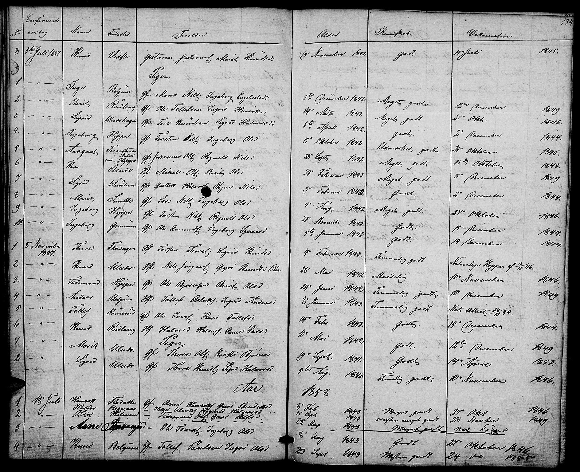 Nord-Aurdal prestekontor, AV/SAH-PREST-132/H/Ha/Hab/L0004: Parish register (copy) no. 4, 1842-1882, p. 134