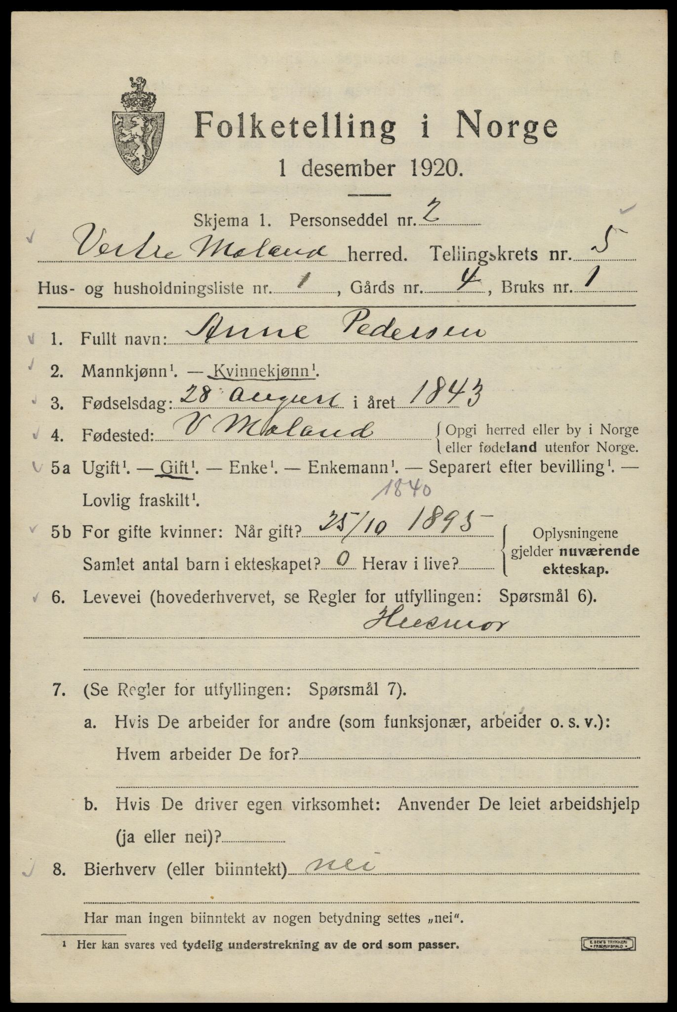 SAK, 1920 census for Vestre Moland, 1920, p. 3801