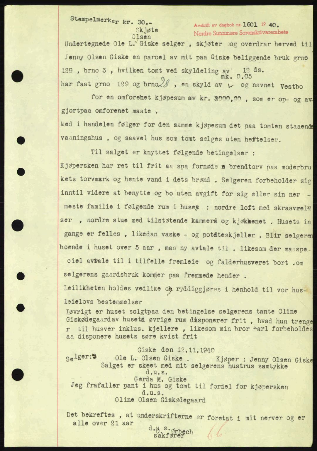 Nordre Sunnmøre sorenskriveri, AV/SAT-A-0006/1/2/2C/2Ca: Mortgage book no. A10, 1940-1941, Diary no: : 1601/1940