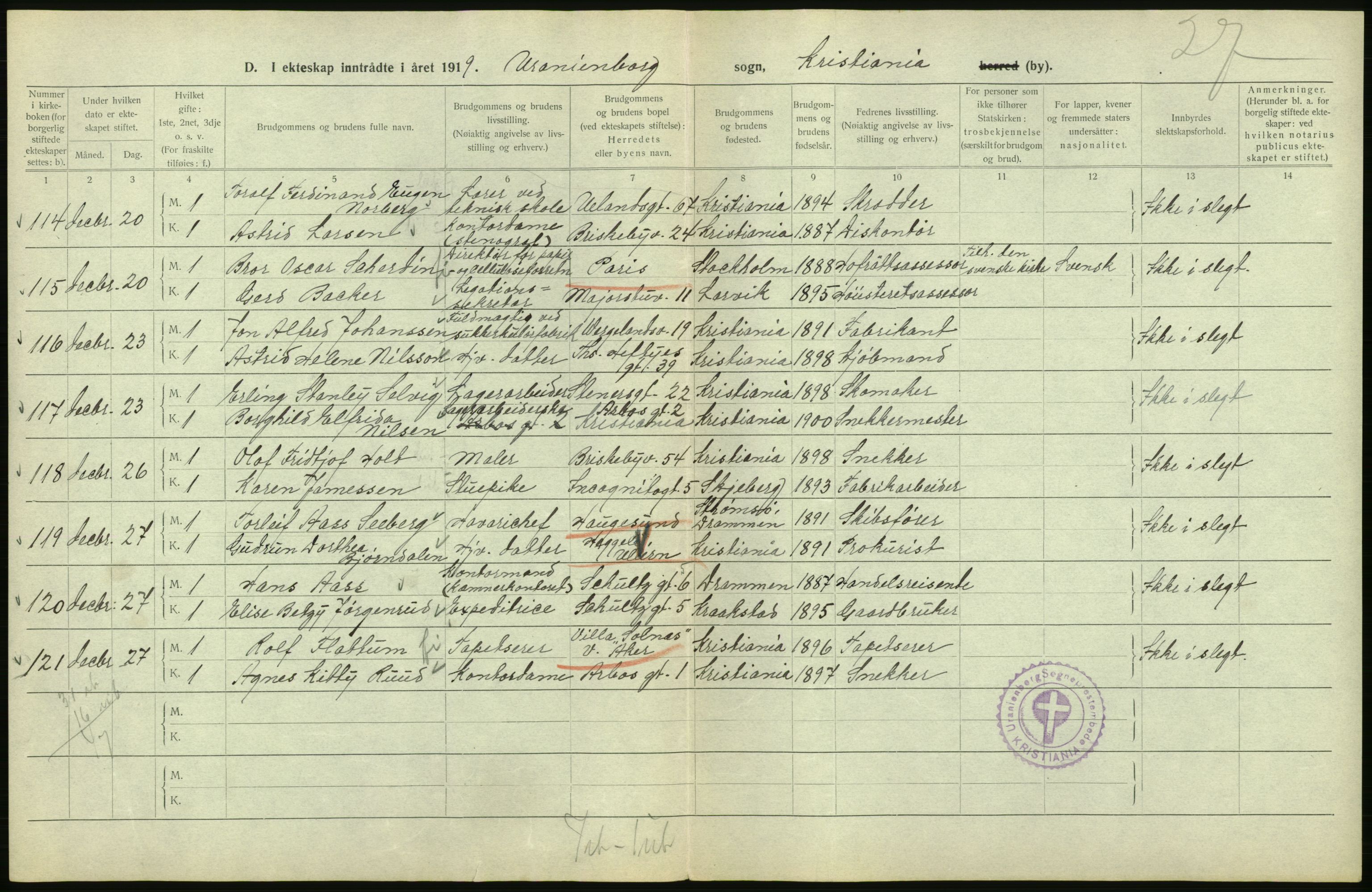 Statistisk sentralbyrå, Sosiodemografiske emner, Befolkning, AV/RA-S-2228/D/Df/Dfb/Dfbi/L0009: Kristiania: Gifte, 1919, p. 236