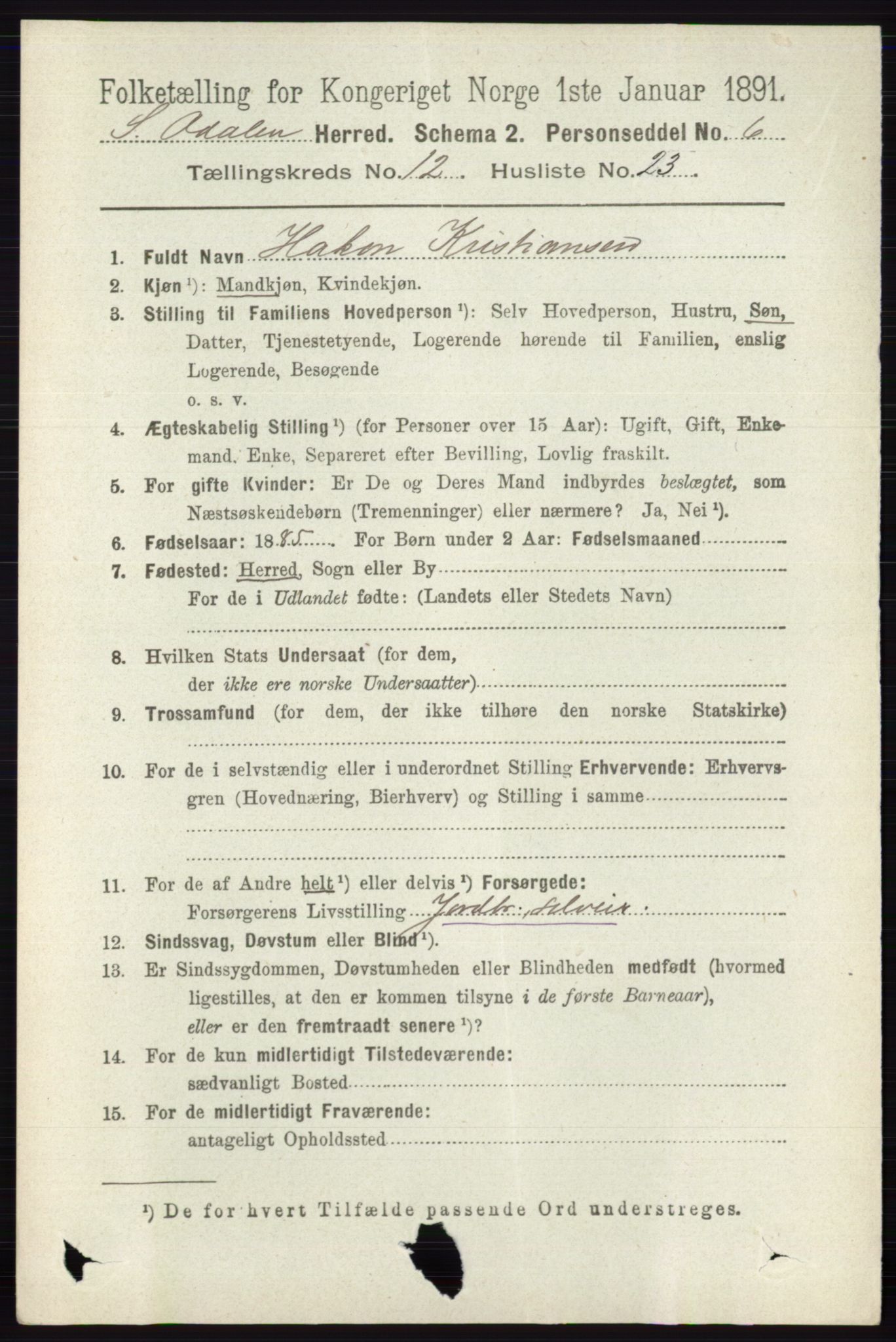 RA, 1891 census for 0419 Sør-Odal, 1891, p. 5503