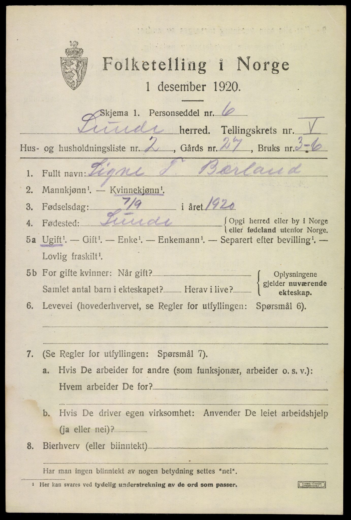 SAKO, 1920 census for Lunde, 1920, p. 3427