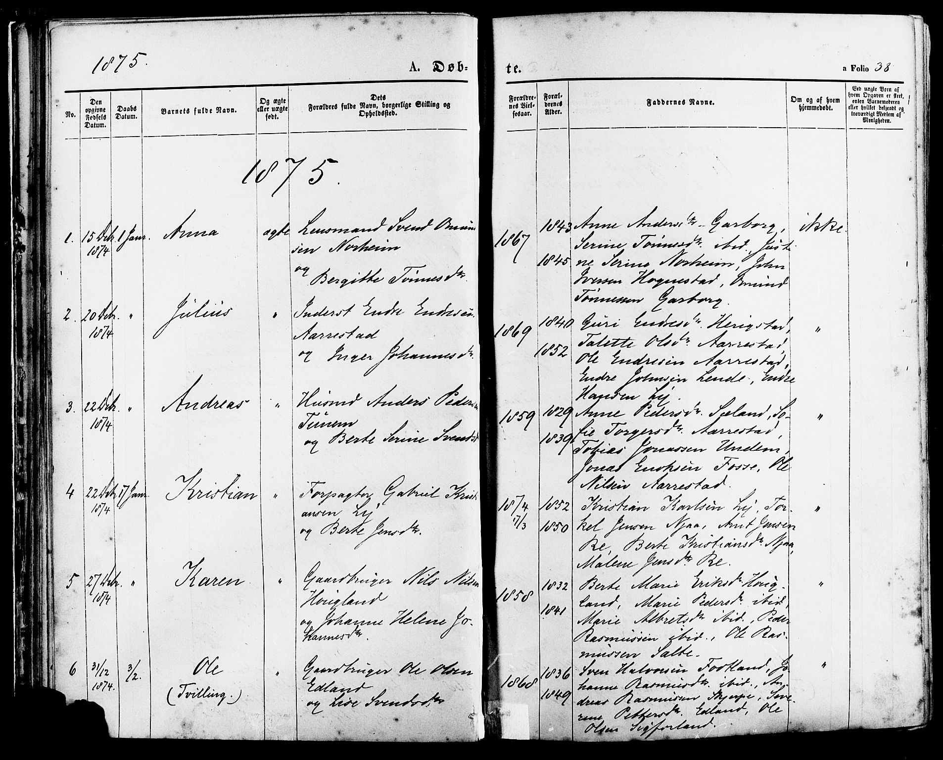 Lye sokneprestkontor, SAST/A-101794/001/30BA/L0008: Parish register (official) no. A 7, 1872-1881, p. 38