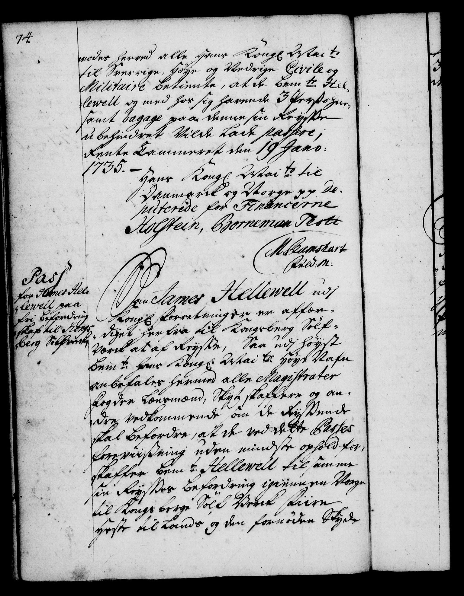 Rentekammeret, Kammerkanselliet, RA/EA-3111/G/Gg/Gga/L0004: Norsk ekspedisjonsprotokoll med register (merket RK 53.4), 1734-1741, p. 74