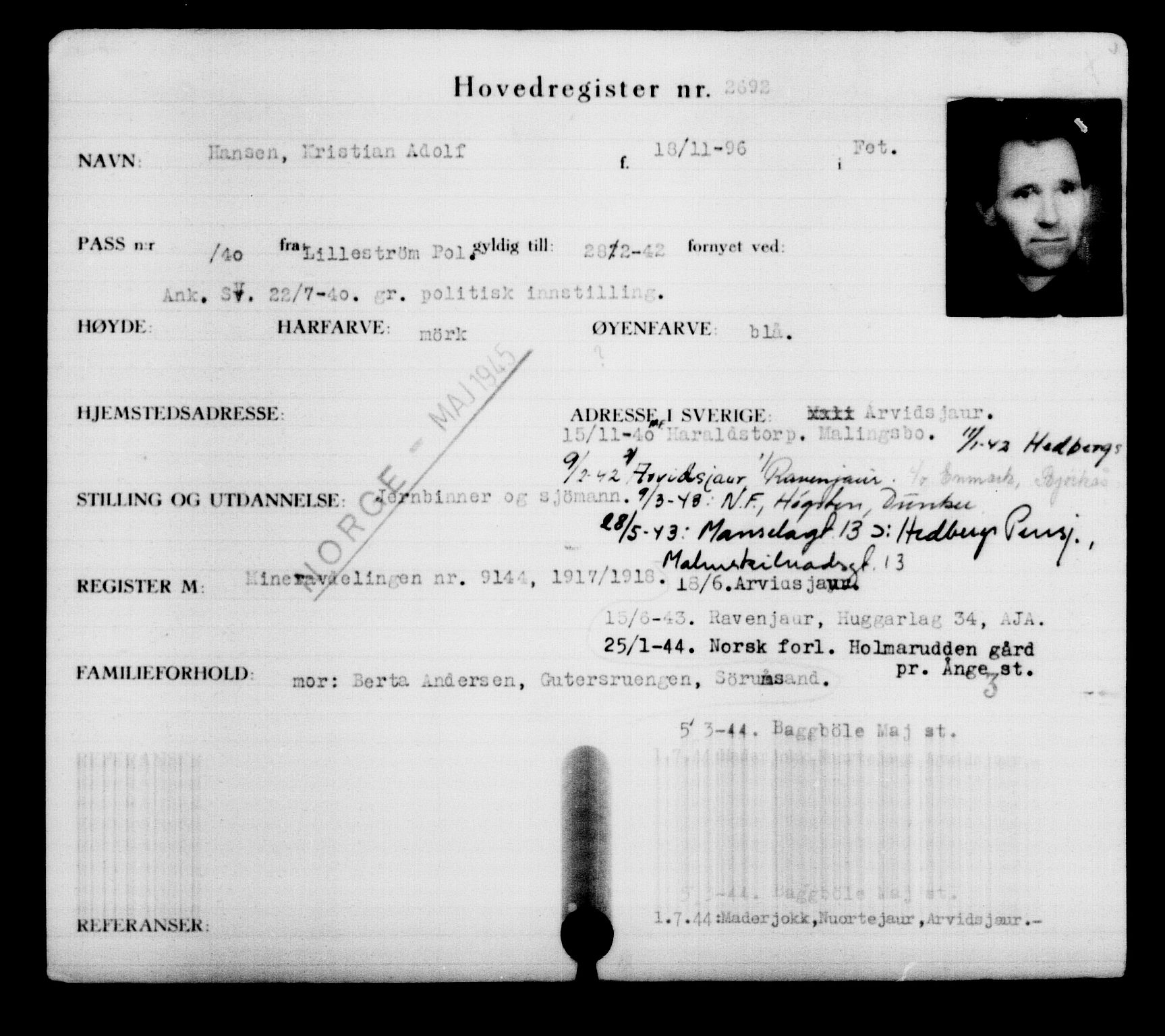 Utenriksstasjonene, Legasjonen i Stockholm, Flyktningkontoret, AV/RA-S-6753/V/Va/L0003: Kjesäterkartoteket, flyktninger med registreringsnr. 2001-3495, 1940-1945, p. 670
