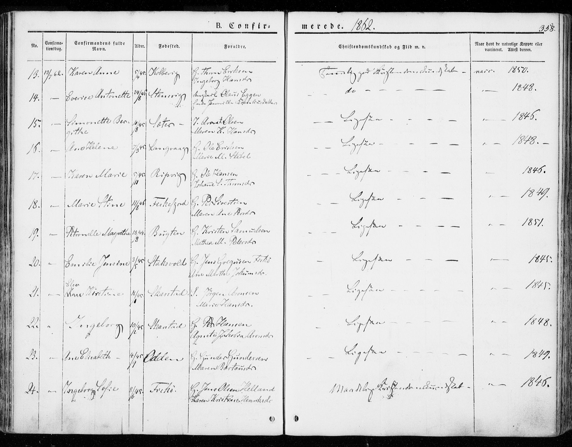 Ministerialprotokoller, klokkerbøker og fødselsregistre - Nordland, AV/SAT-A-1459/872/L1033: Parish register (official) no. 872A08, 1840-1863, p. 358