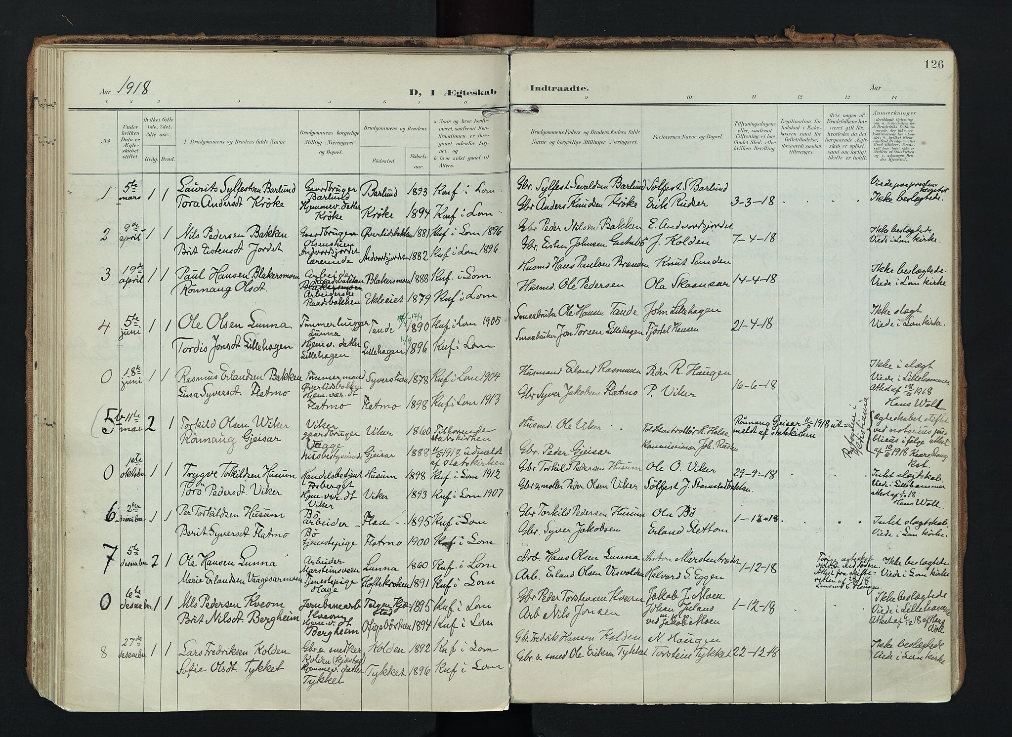 Lom prestekontor, SAH/PREST-070/K/L0010: Parish register (official) no. 10, 1899-1926, p. 126