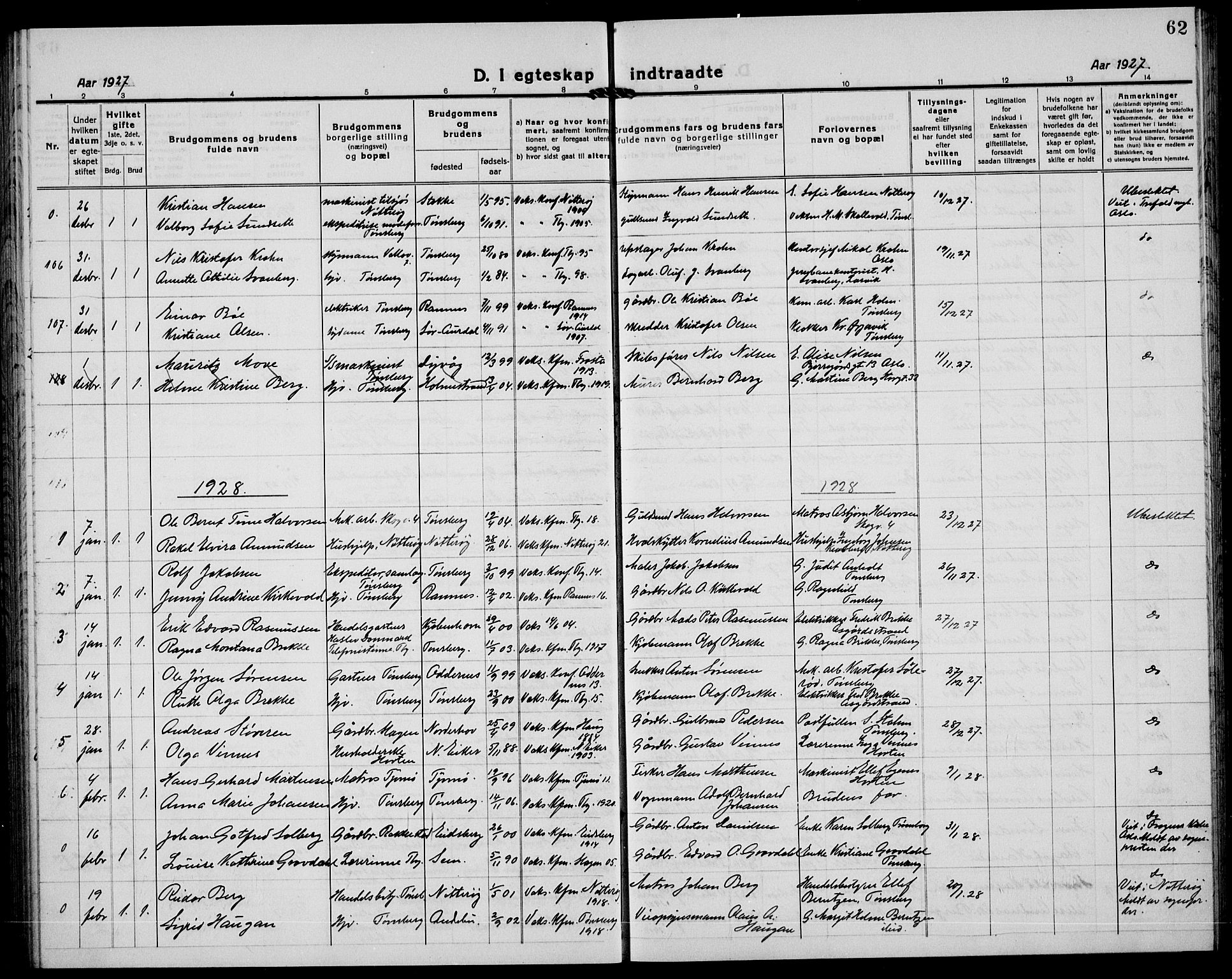 Tønsberg kirkebøker, AV/SAKO-A-330/G/Ga/L0016: Parish register (copy) no. 16, 1920-1933, p. 62