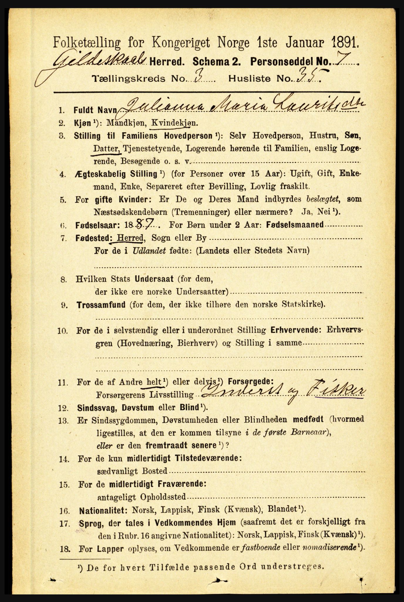 RA, 1891 census for 1838 Gildeskål, 1891, p. 995