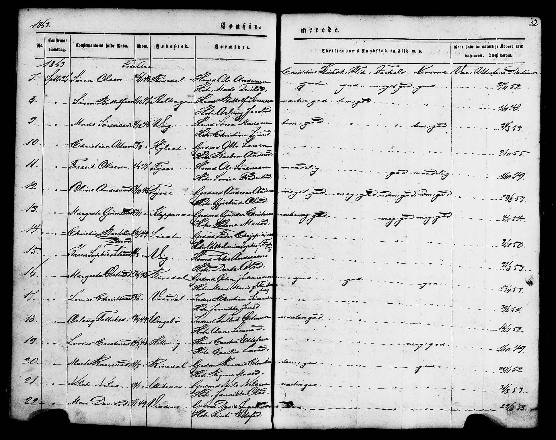 Fjaler sokneprestembete, AV/SAB-A-79801/H/Haa/Haaa/L0008: Parish register (official) no. A 8, 1850-1886, p. 52