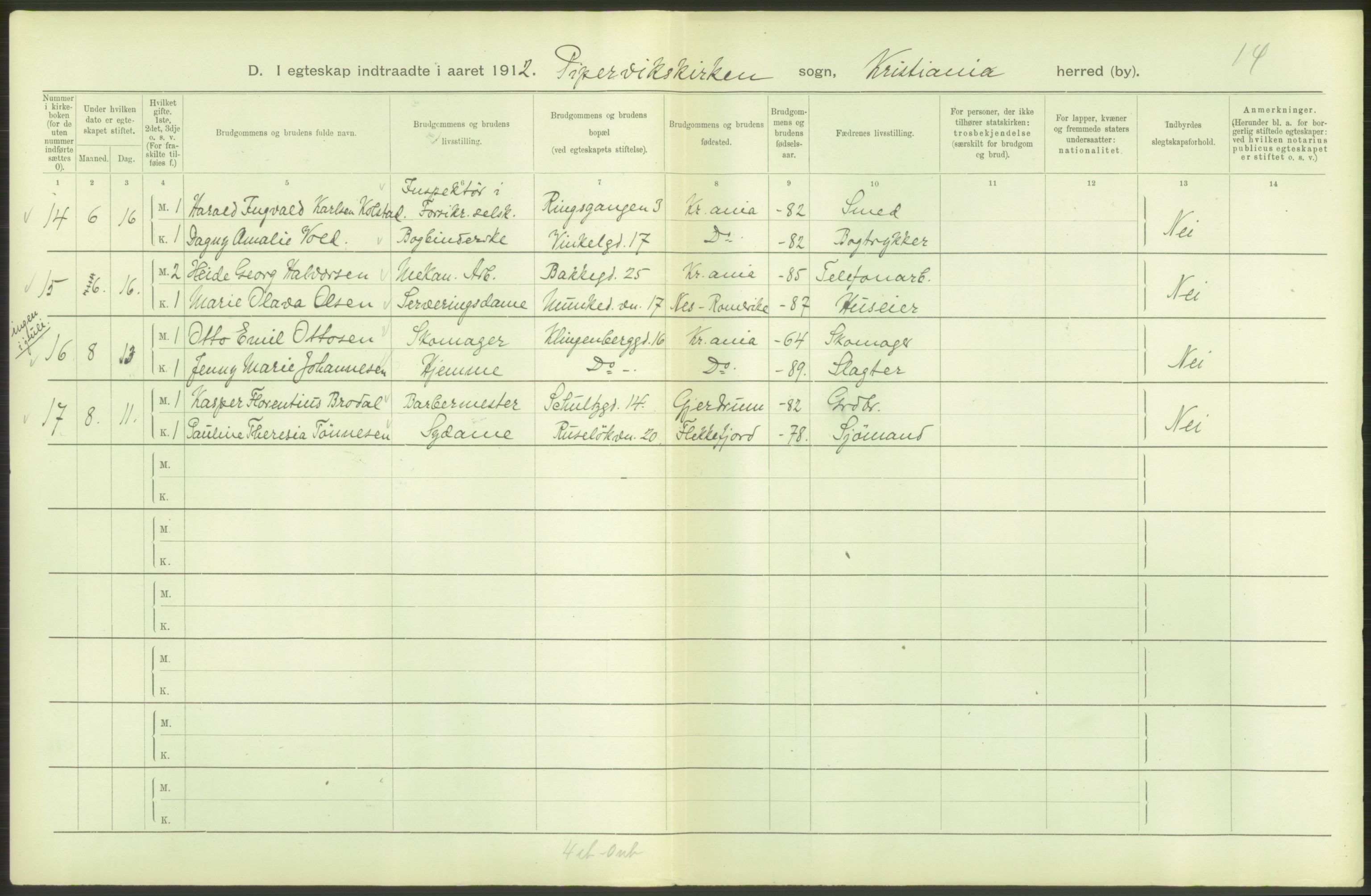 Statistisk sentralbyrå, Sosiodemografiske emner, Befolkning, AV/RA-S-2228/D/Df/Dfb/Dfbb/L0008: Kristiania: Gifte, 1912, p. 10