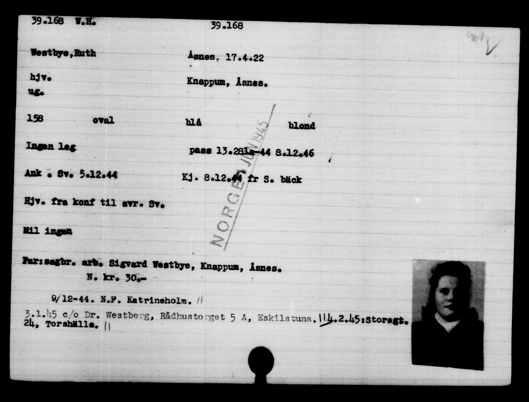 Utenriksstasjonene, Legasjonen i Stockholm, Flyktningkontoret, AV/RA-S-6753/V/Va/L0015: Kjesäterkartoteket, flyktninger med registreringsnr. 37800-40770, 1940-1945, p. 1404