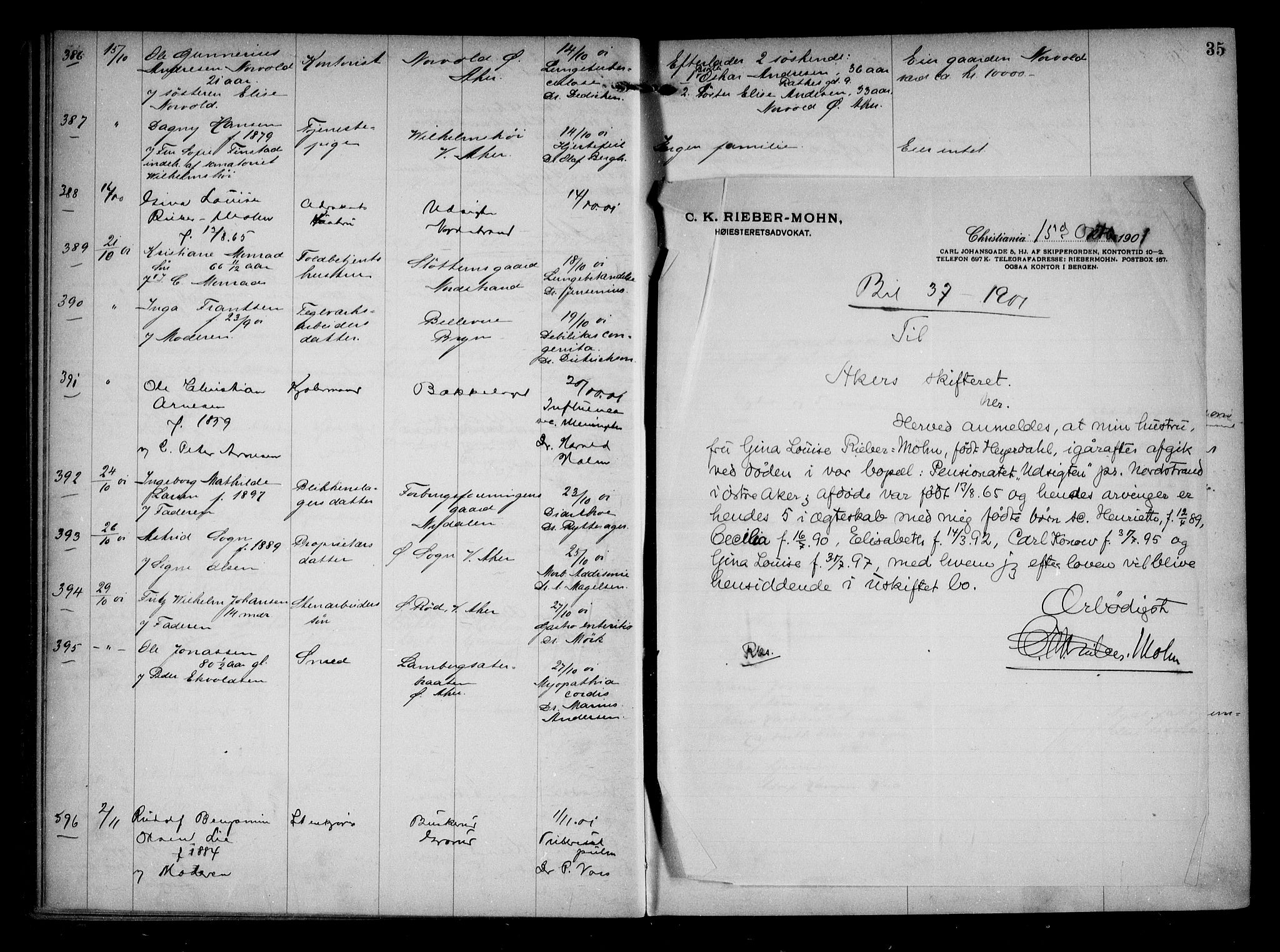 Aker kriminaldommer, skifte- og auksjonsforvalterembete, AV/SAO-A-10452/H/Hb/Hba/Hbaa/L0001: Dødsfallsprotokoll, 1901-1907, p. 35