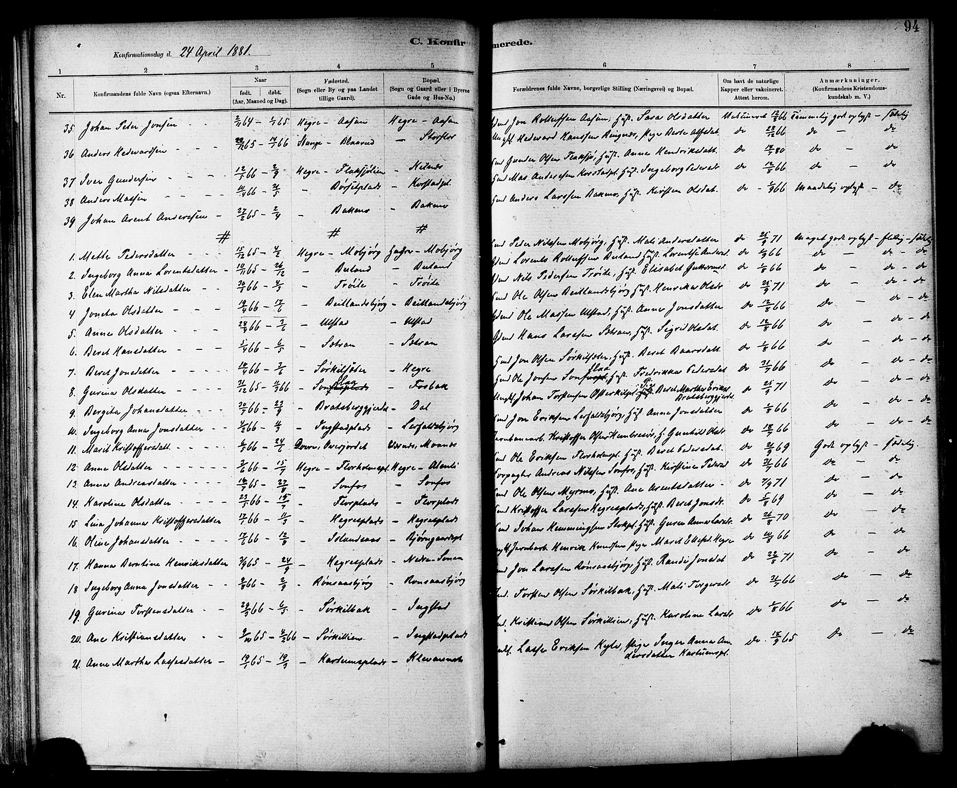 Ministerialprotokoller, klokkerbøker og fødselsregistre - Nord-Trøndelag, SAT/A-1458/703/L0030: Parish register (official) no. 703A03, 1880-1892, p. 94