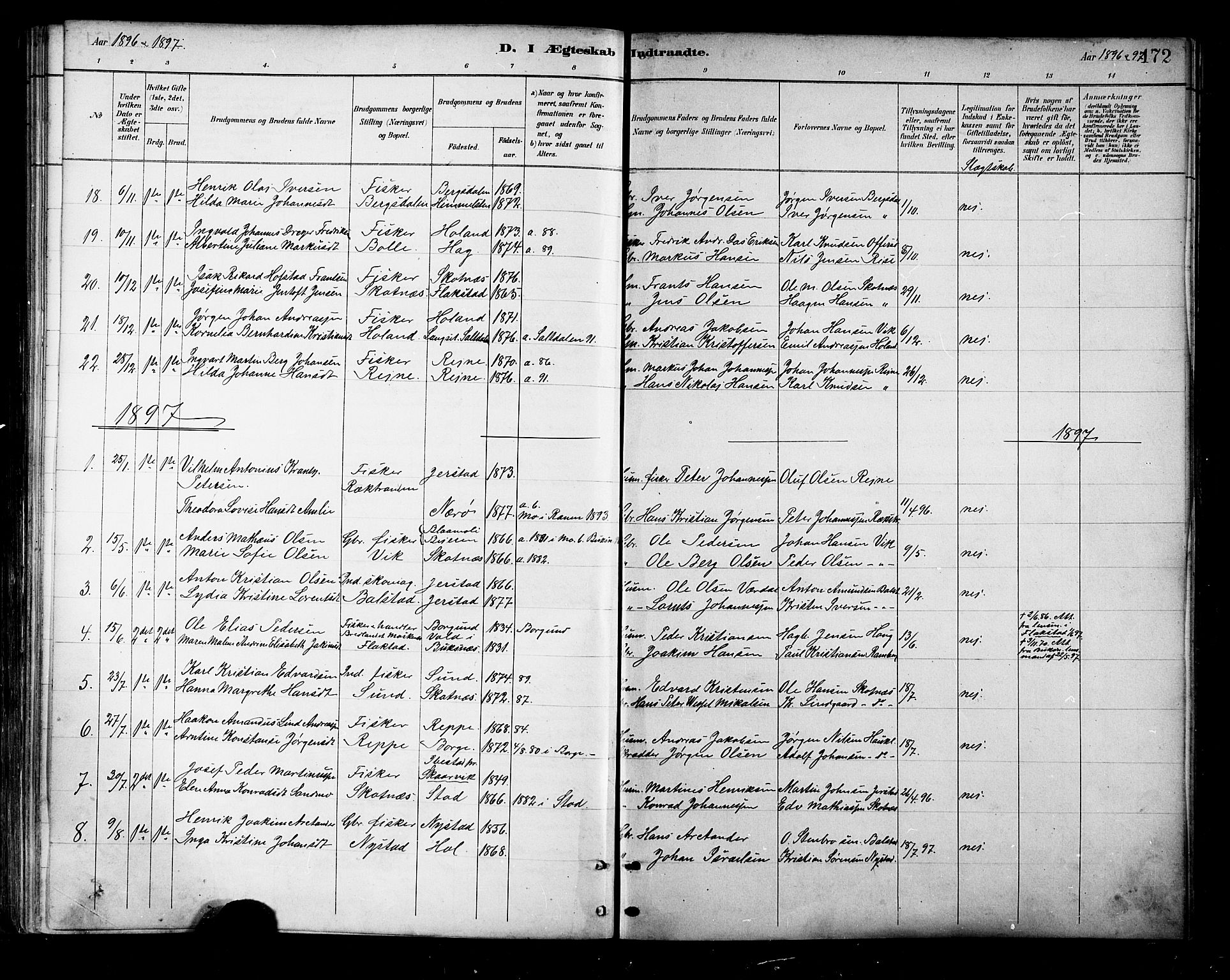 Ministerialprotokoller, klokkerbøker og fødselsregistre - Nordland, SAT/A-1459/881/L1167: Parish register (copy) no. 881C04, 1886-1899, p. 172
