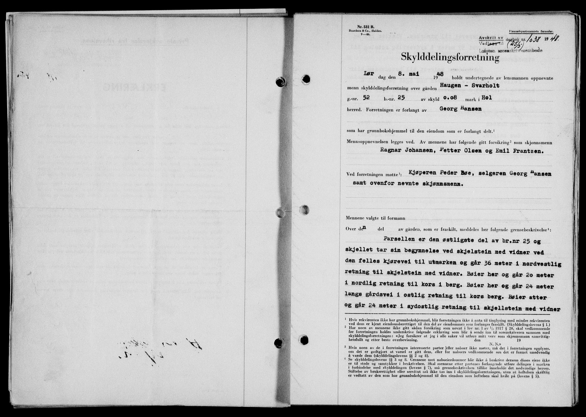 Lofoten sorenskriveri, SAT/A-0017/1/2/2C/L0018a: Mortgage book no. 18a, 1948-1948, Diary no: : 1038/1948