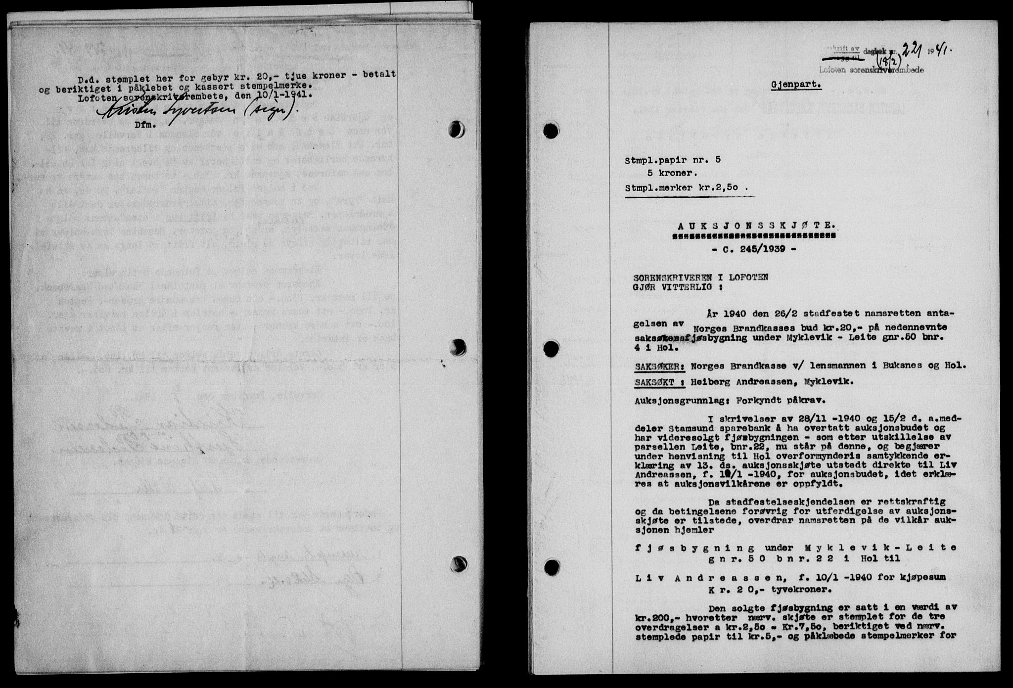 Lofoten sorenskriveri, SAT/A-0017/1/2/2C/L0008a: Mortgage book no. 8a, 1940-1941, Diary no: : 221/1941
