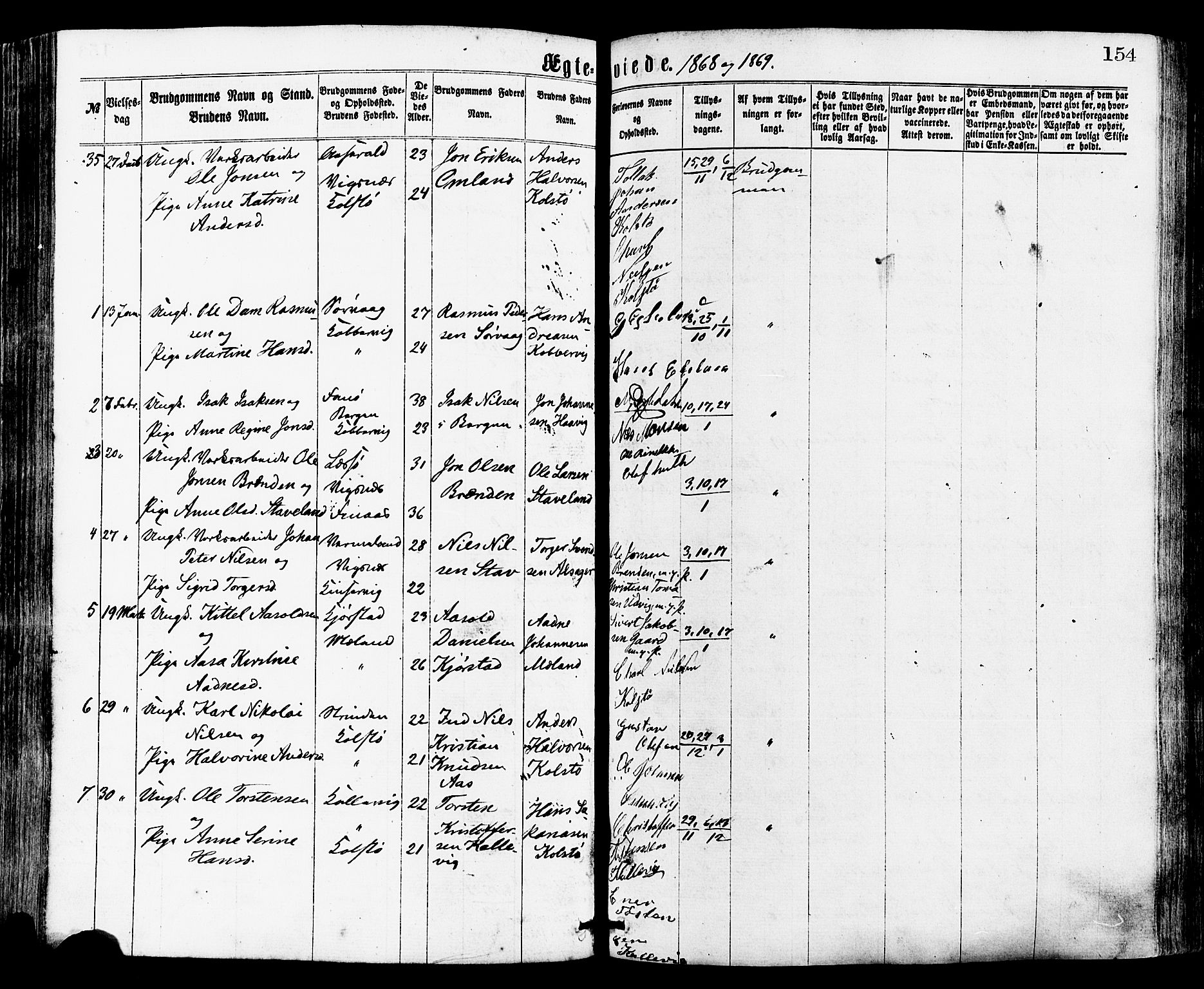 Avaldsnes sokneprestkontor, SAST/A -101851/H/Ha/Haa/L0012: Parish register (official) no. A 12, 1865-1880, p. 154