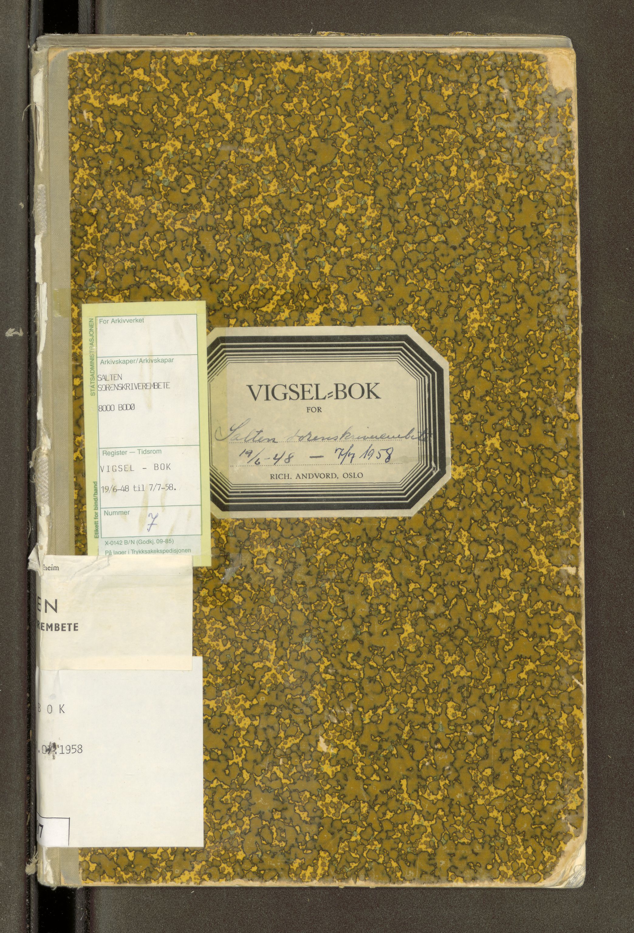 Salten sorenskriveri, AV/SAT-A-4578/1/6/6D/L0007: Vigselsbok, 1948-1958