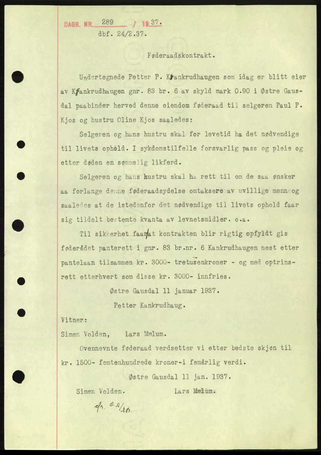 Sør-Gudbrandsdal tingrett, SAH/TING-004/H/Hb/Hbe/L0001: Mortgage book no. B1, 1936-1939, Diary no: : 289/1937