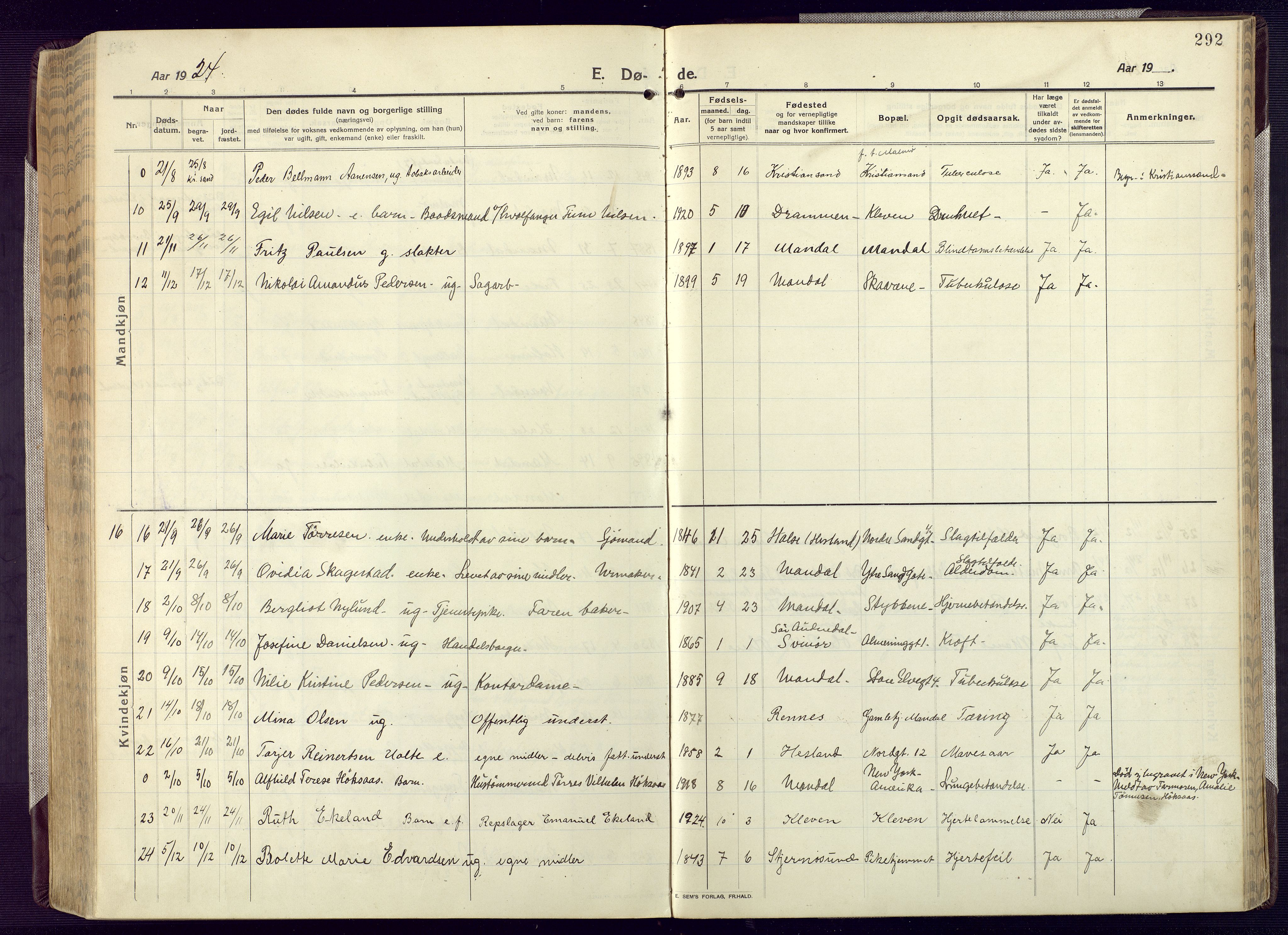 Mandal sokneprestkontor, AV/SAK-1111-0030/F/Fa/Fac/L0001: Parish register (official) no. A 1, 1913-1925, p. 292