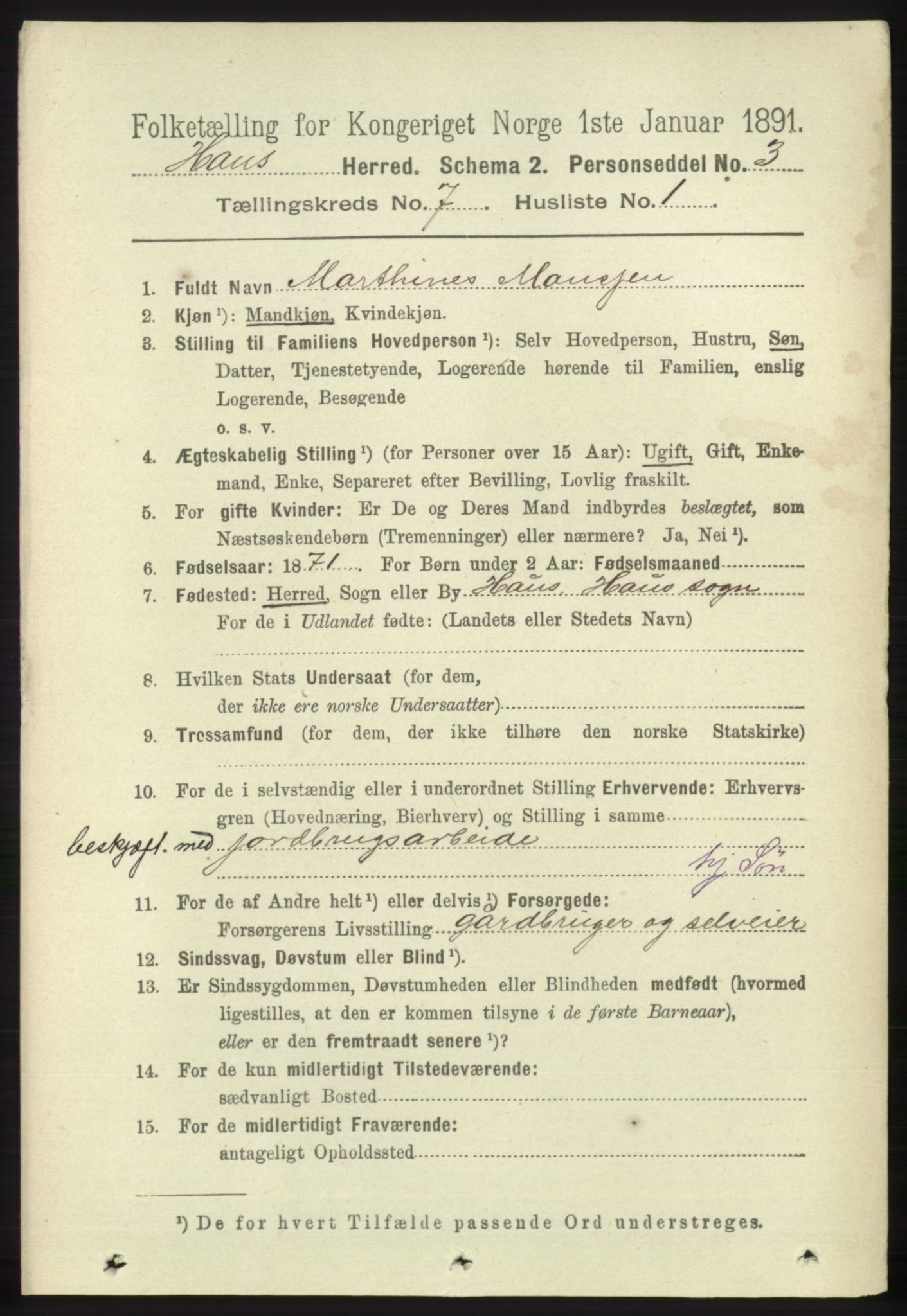 RA, 1891 census for 1250 Haus, 1891, p. 2652