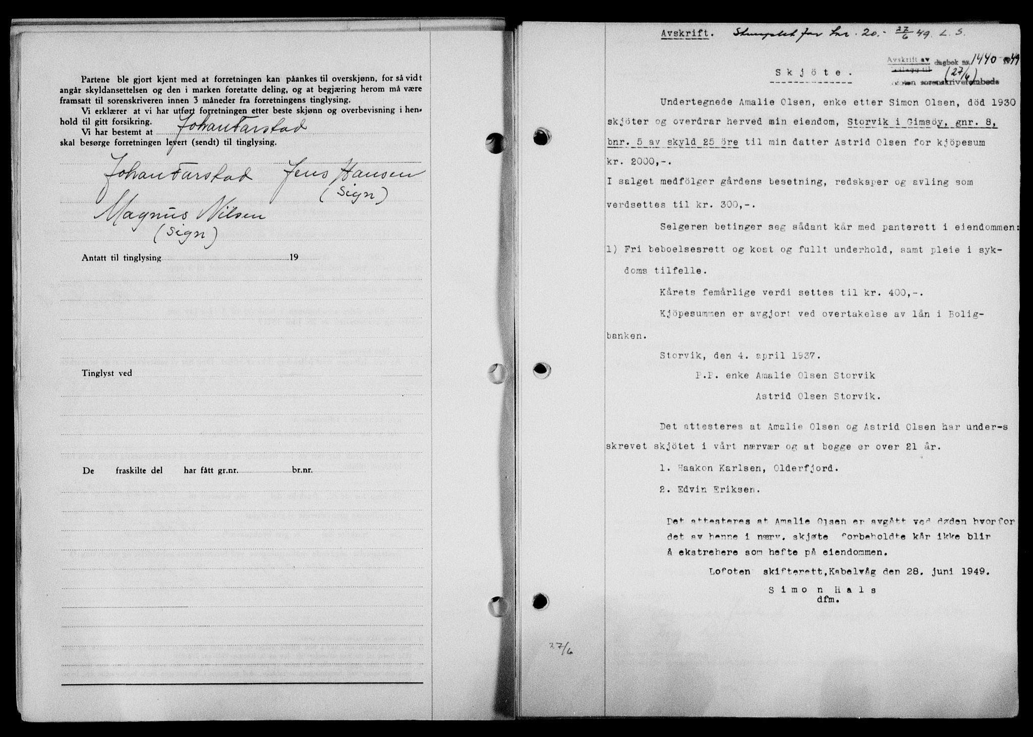 Lofoten sorenskriveri, SAT/A-0017/1/2/2C/L0021a: Mortgage book no. 21a, 1949-1949, Diary no: : 1440/1949