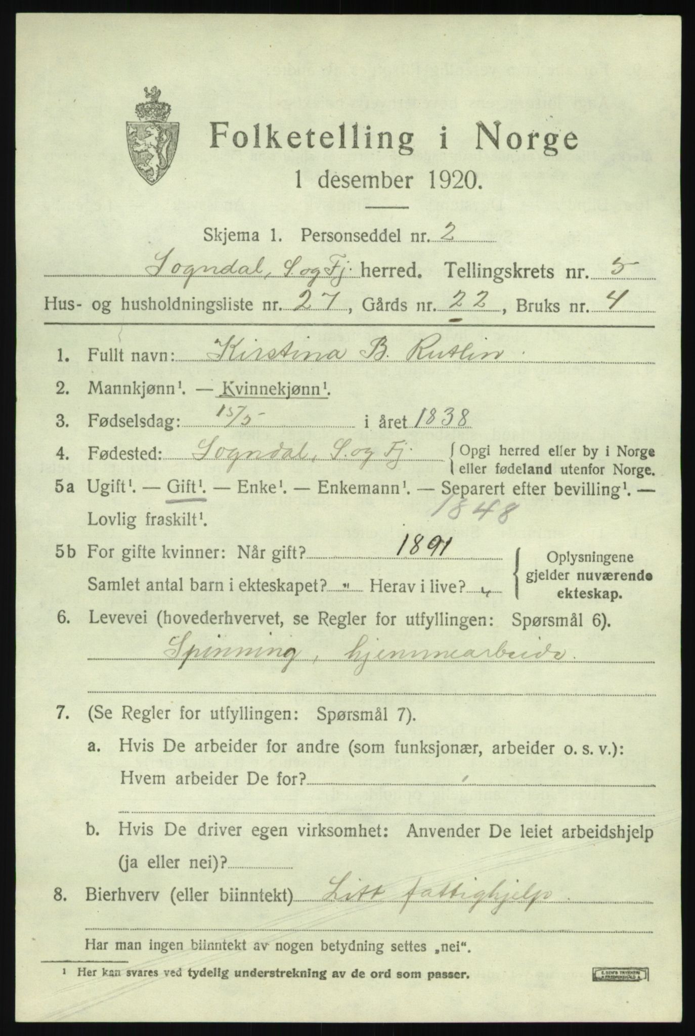 SAB, 1920 census for Sogndal, 1920, p. 2933